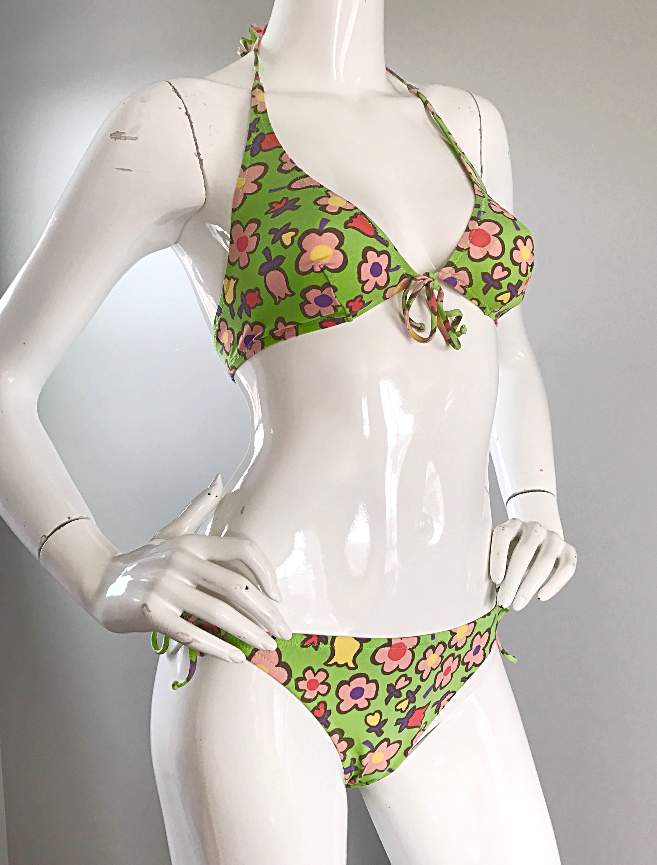 Women's Vintage Moschino 1990s Neon Green Flower Printed 90s Two Piece String Bikini  For Sale