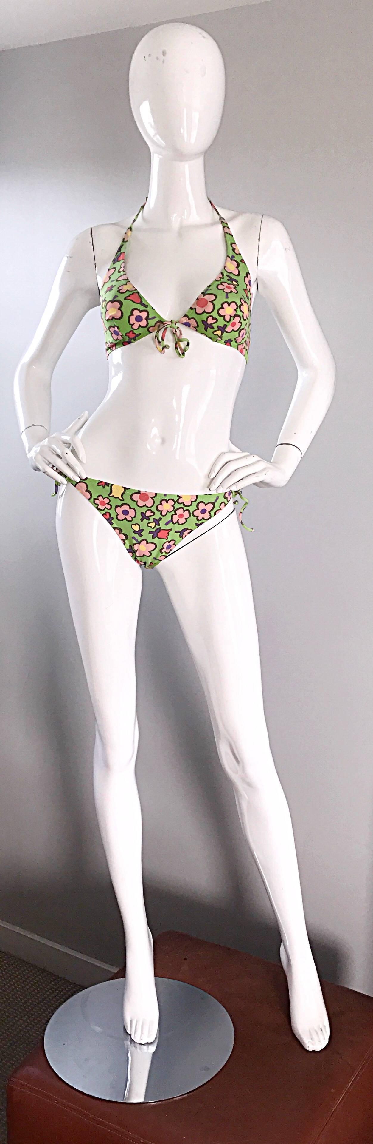 Vintage Moschino 1990s Neon Green Flower Printed 90s Two Piece String Bikini  For Sale 1
