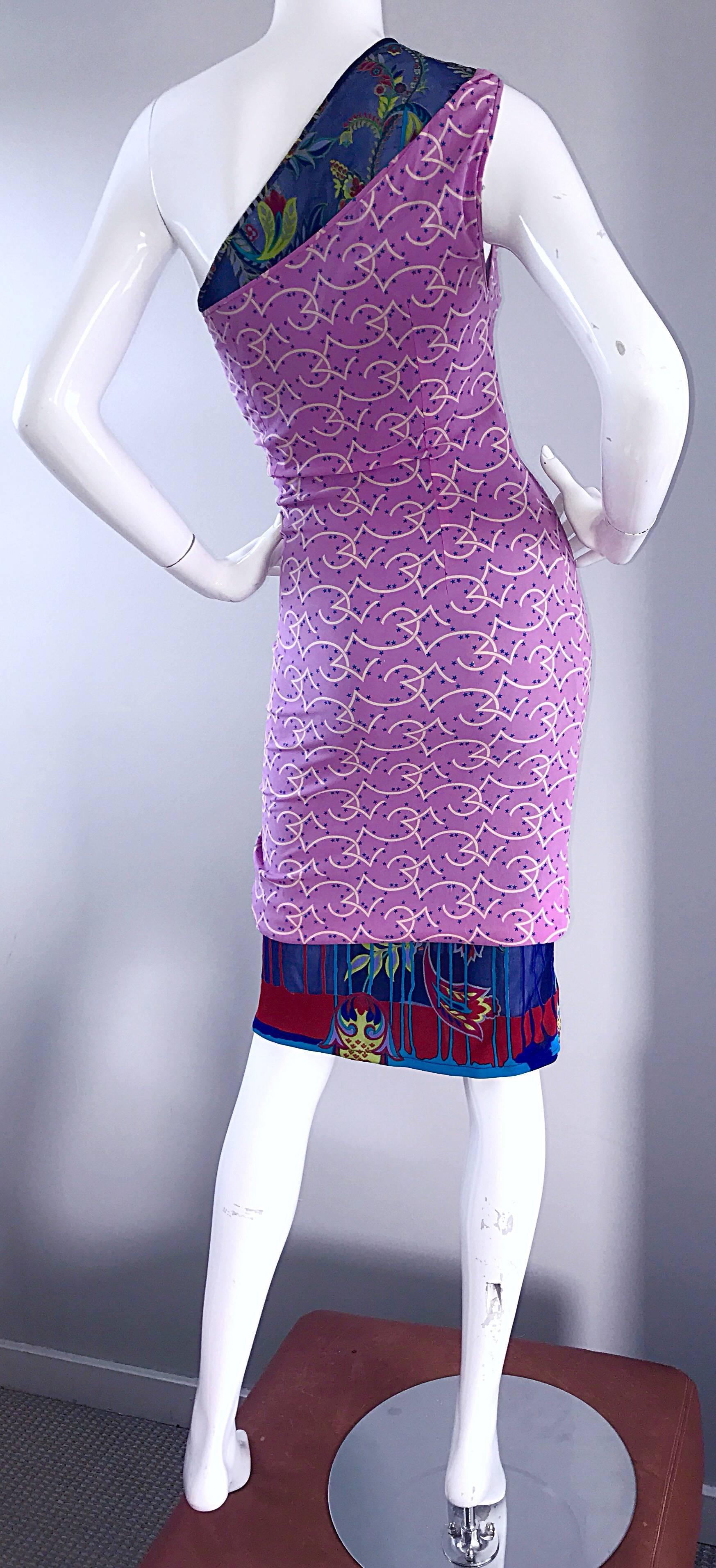 Gianni Versace Couture Frühjahr 1998 Ein-Schulter-Seidenkleid mit tropischem Sterndruck Damen im Angebot