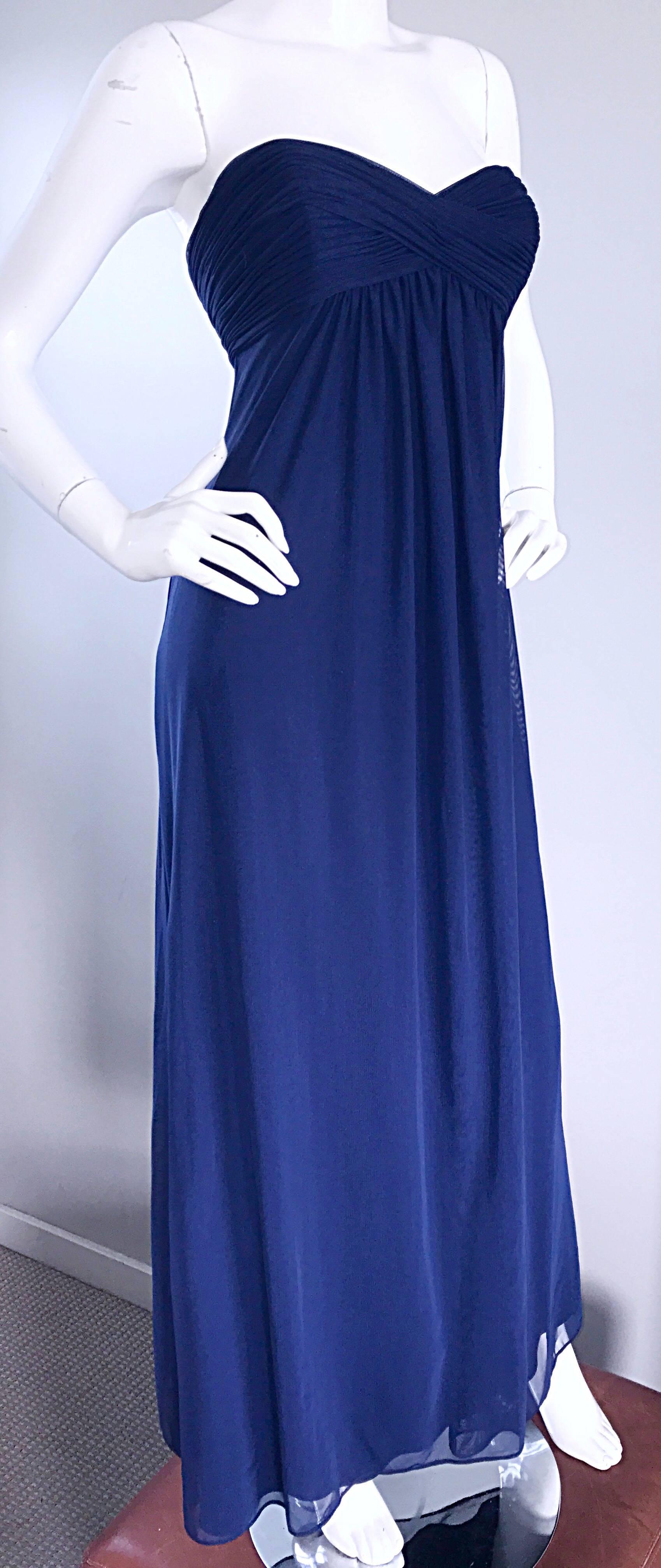 Women's Vintage Vicky Tiel Couture Navy Blue Strapless Silk and Mesh Gown Evening Dress For Sale