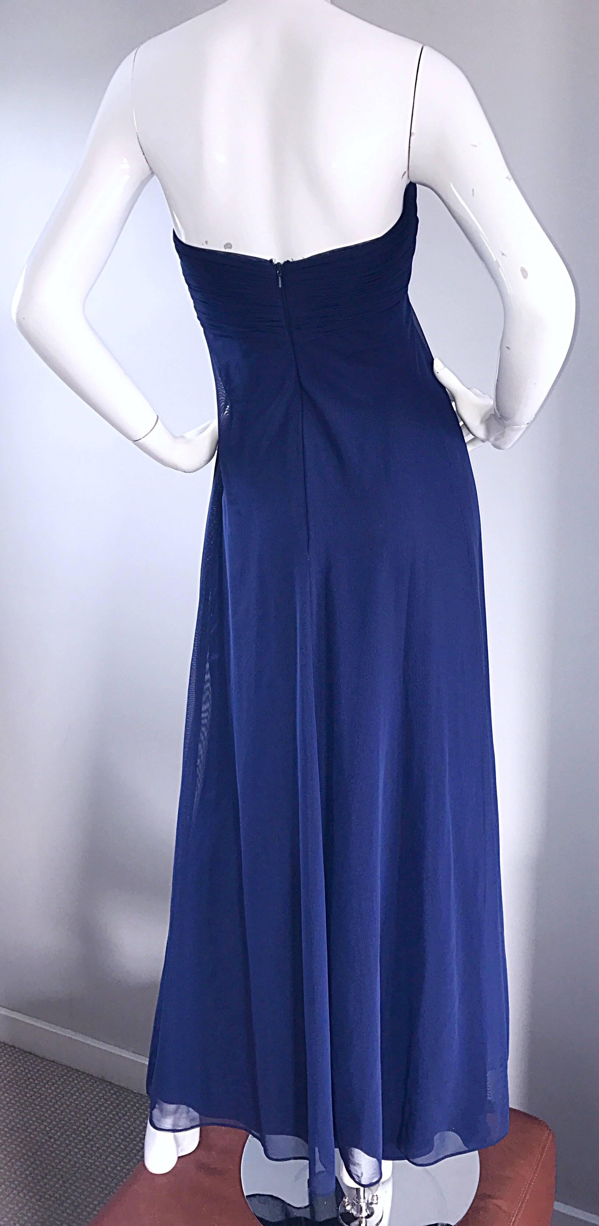 Vintage Vicky Tiel Couture Navy Blue Strapless Silk and Mesh Gown Evening Dress For Sale 1