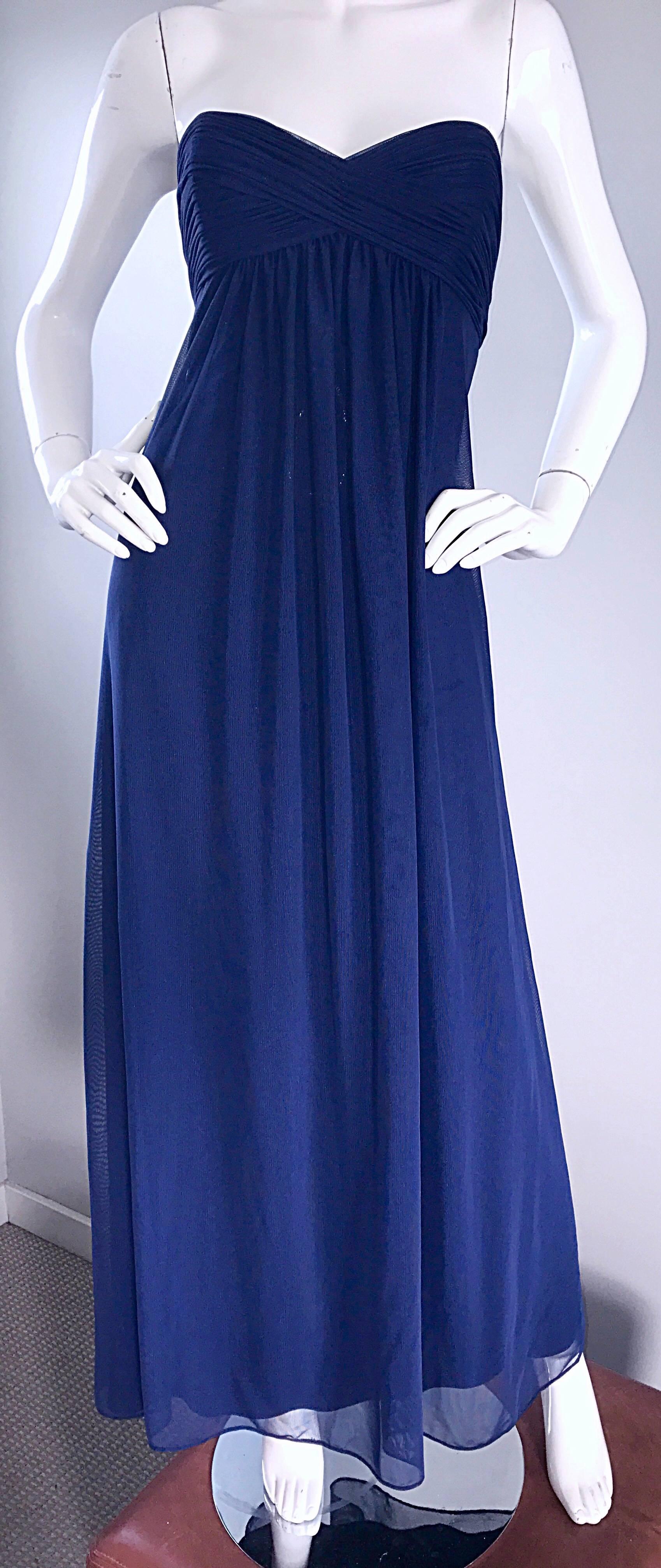 Vintage Vicky Tiel Couture Navy Blue Strapless Silk and Mesh Gown Evening Dress For Sale 2