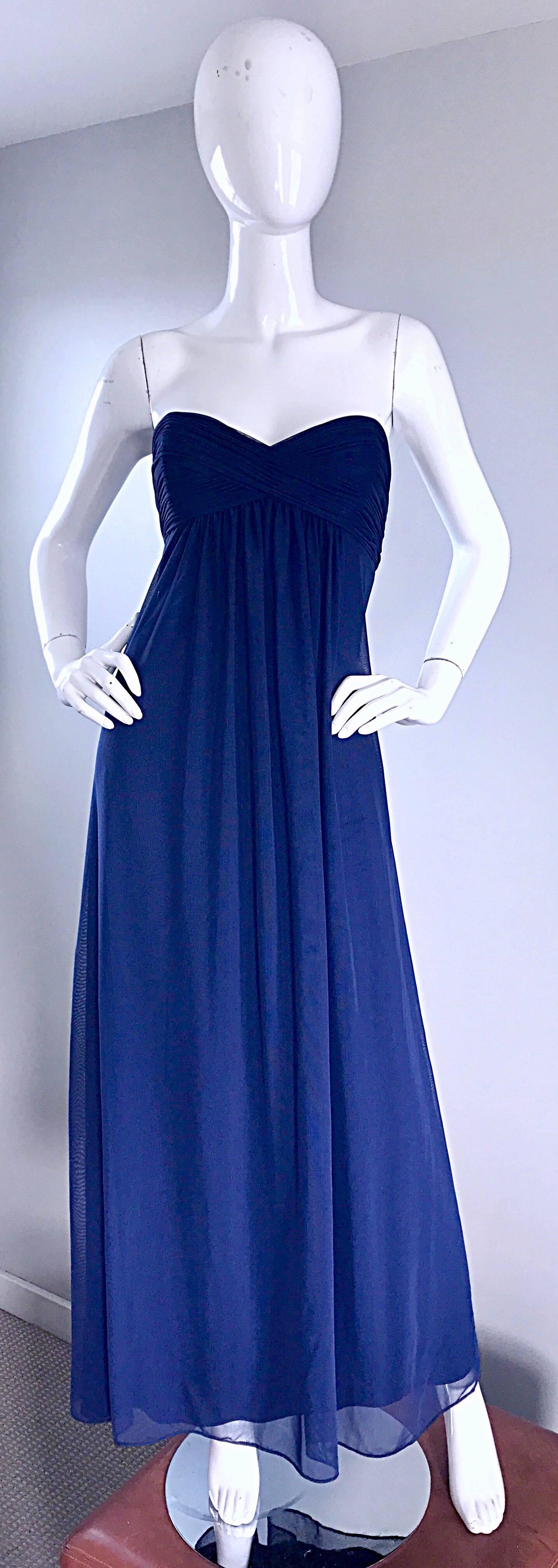 Vintage Vicky Tiel Couture Navy Blue Strapless Silk and Mesh Gown Evening Dress For Sale 3