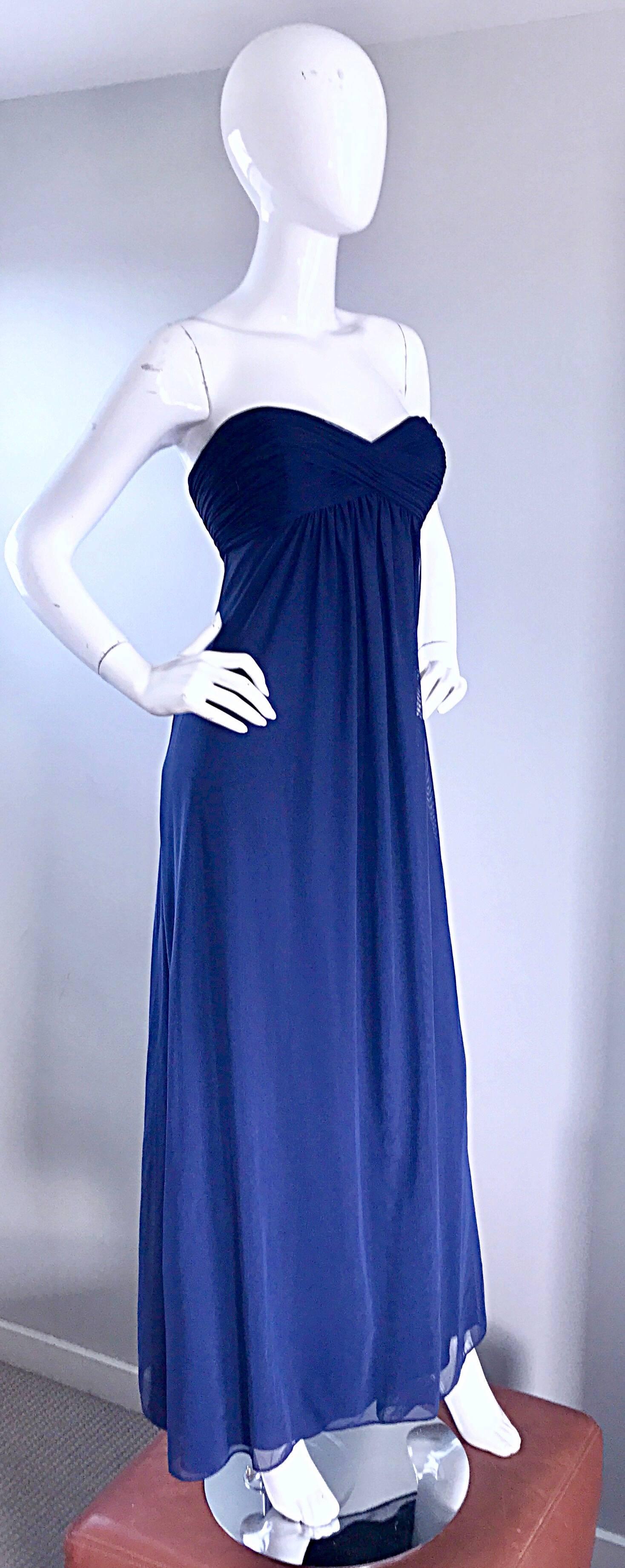 Vintage Vicky Tiel Couture Navy Blue Strapless Silk and Mesh Gown Evening Dress For Sale 4