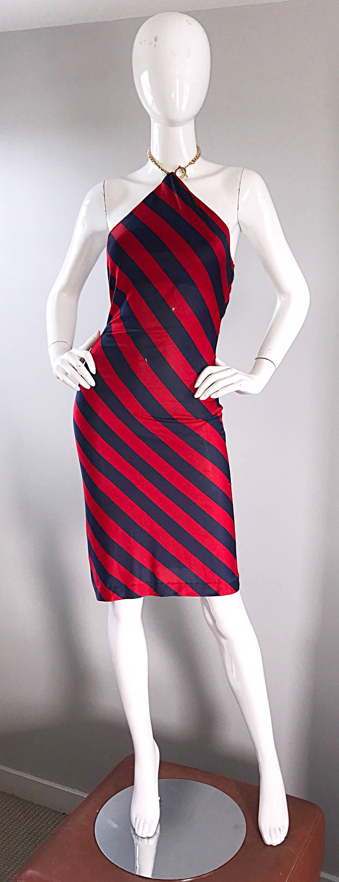 Amazing 1990s vintage RALPH LAUREN black label nautical navy blue and red striped silk jersey chain halter dress! Slimming slanted vertical stripes. Gold chain halter neck loops through side neck. Hidden zipper up the side with hook-and-eye closure.