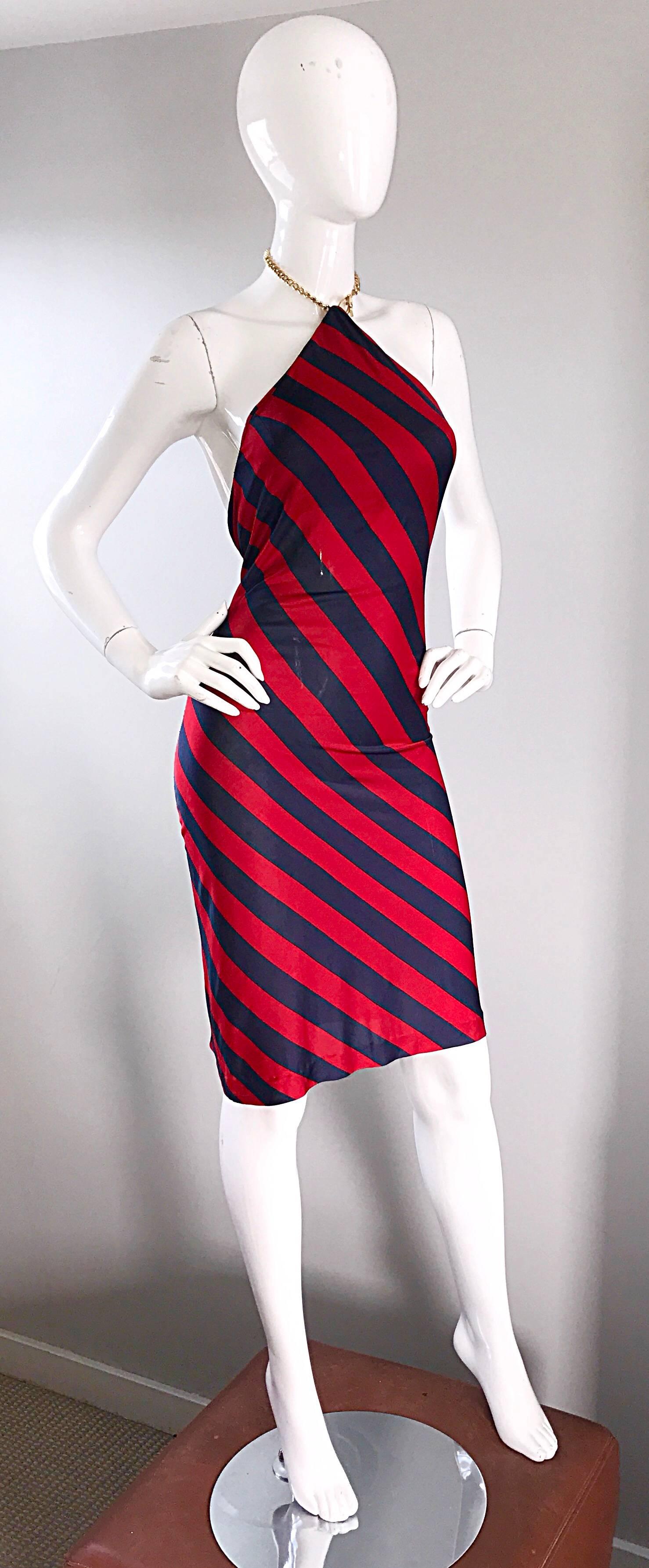 1990s Ralph Lauren Vintage Navy Blue & Red Striped Nautical 90s Chain Dress Sz 2 In Excellent Condition In San Diego, CA