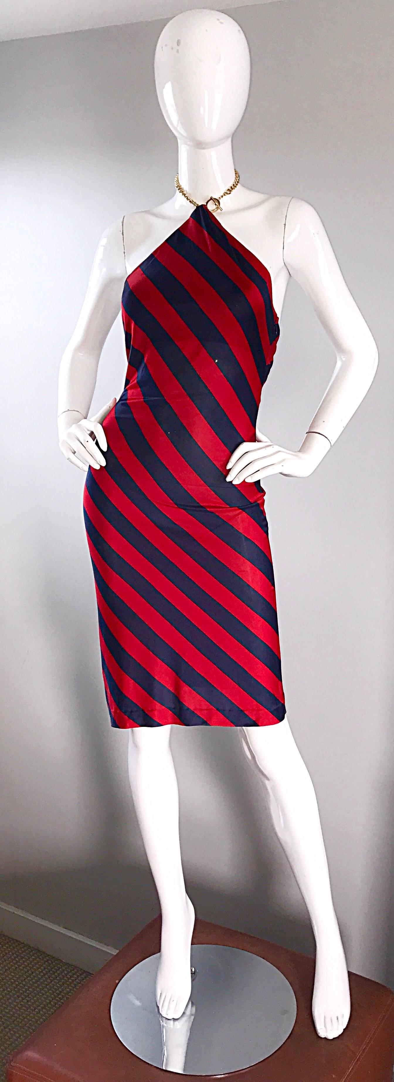 1990s Ralph Lauren Vintage Navy Blue & Red Striped Nautical 90s Chain Dress Sz 2 1