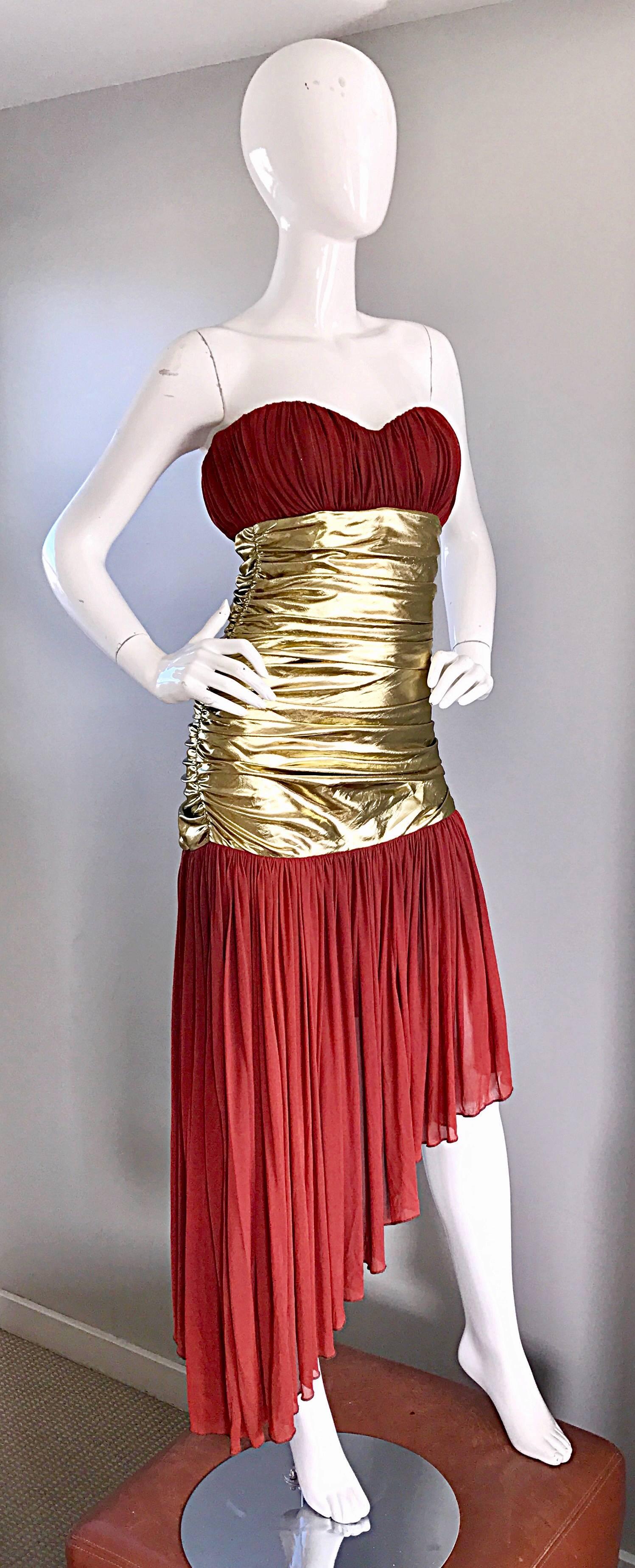 Vintage Angelo Tarlazzi Couture Metallic Gold + Rust Strapless Avant Garde Dress In Excellent Condition In San Diego, CA