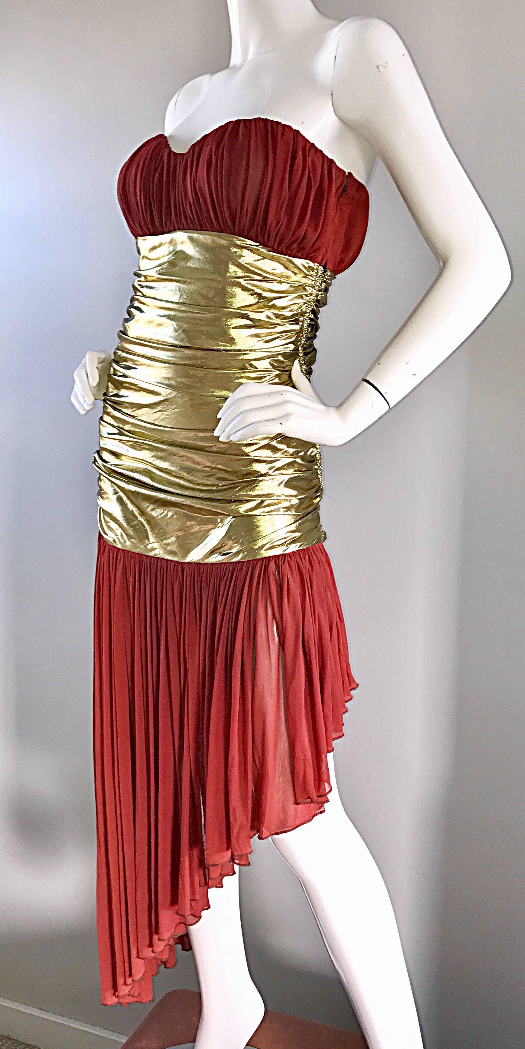 Women's Vintage Angelo Tarlazzi Couture Metallic Gold + Rust Strapless Avant Garde Dress