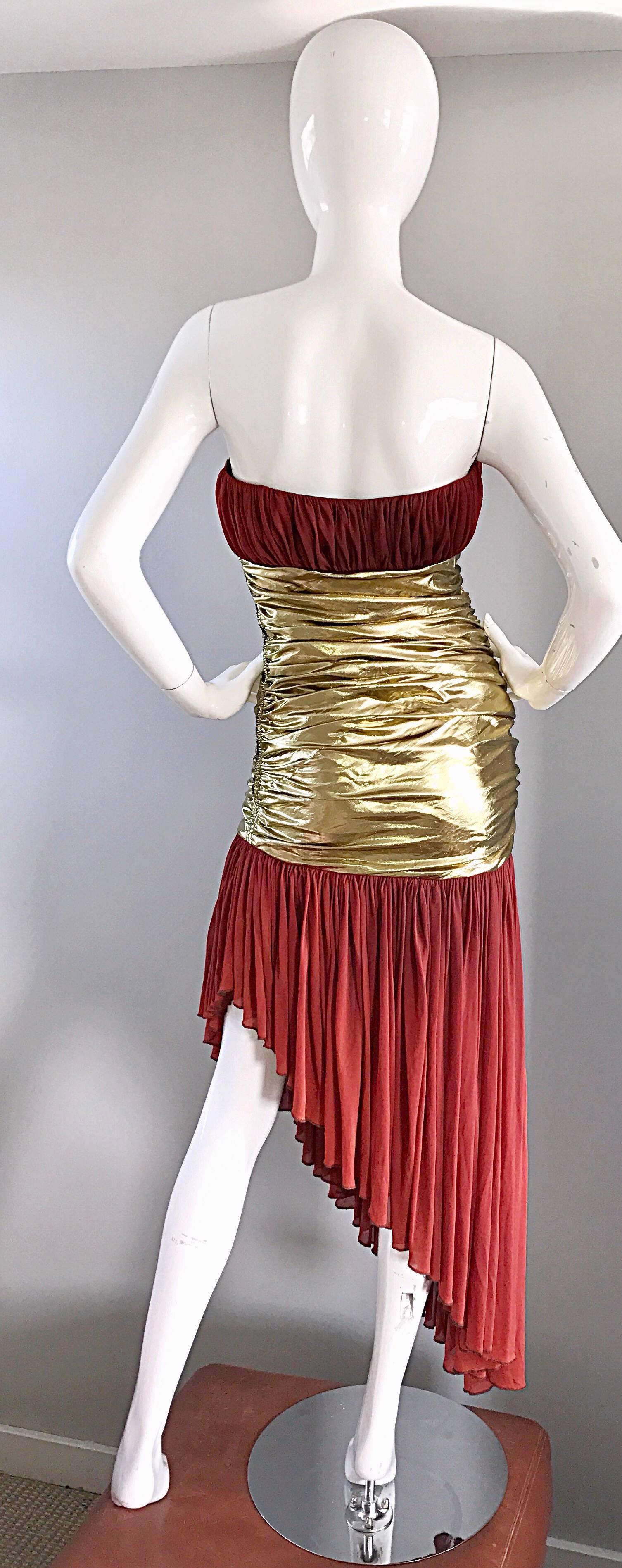 Vintage Angelo Tarlazzi Couture Metallic Gold + Rust Strapless Avant Garde Dress 1