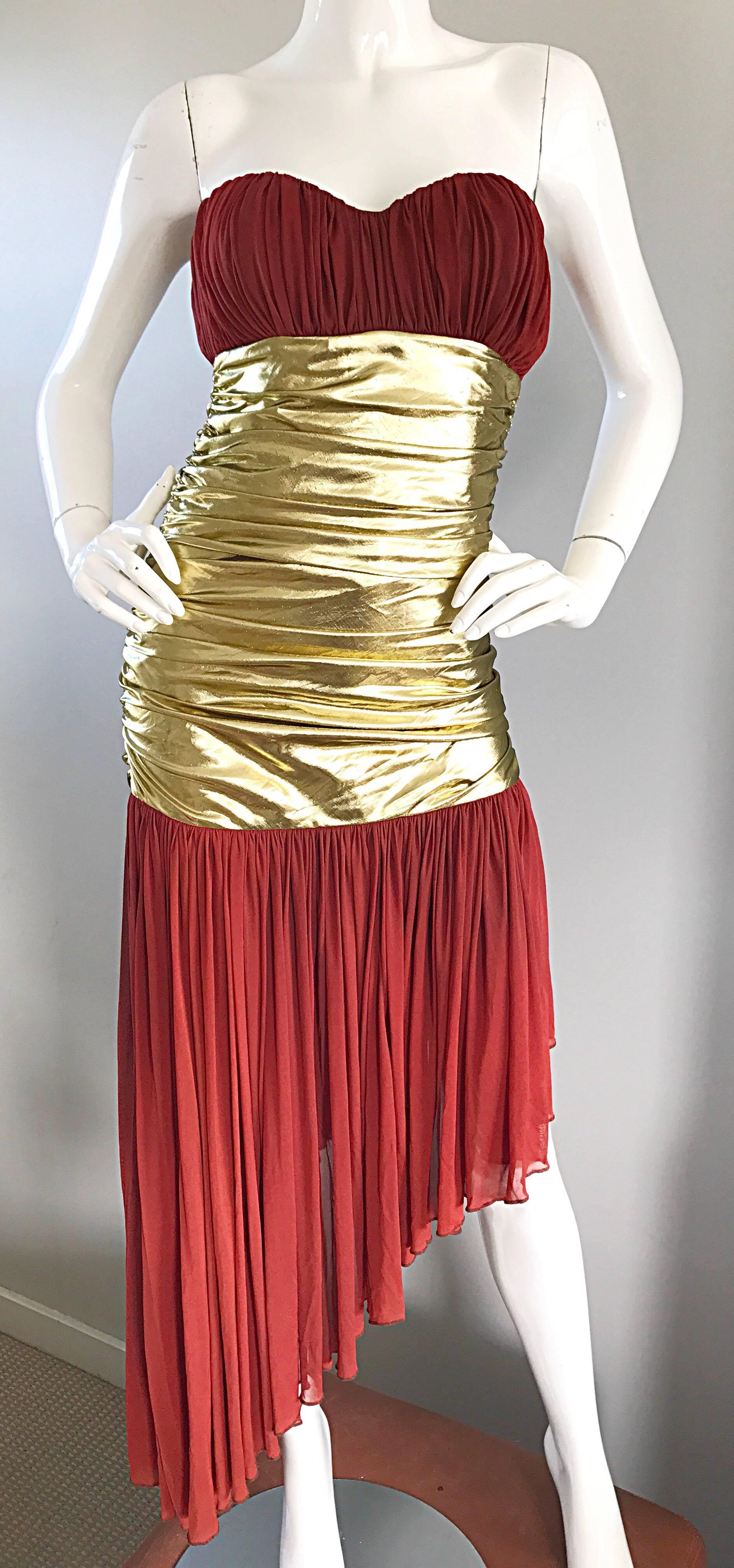 Vintage Angelo Tarlazzi Couture Metallic Gold + Rust Strapless Avant Garde Dress 2