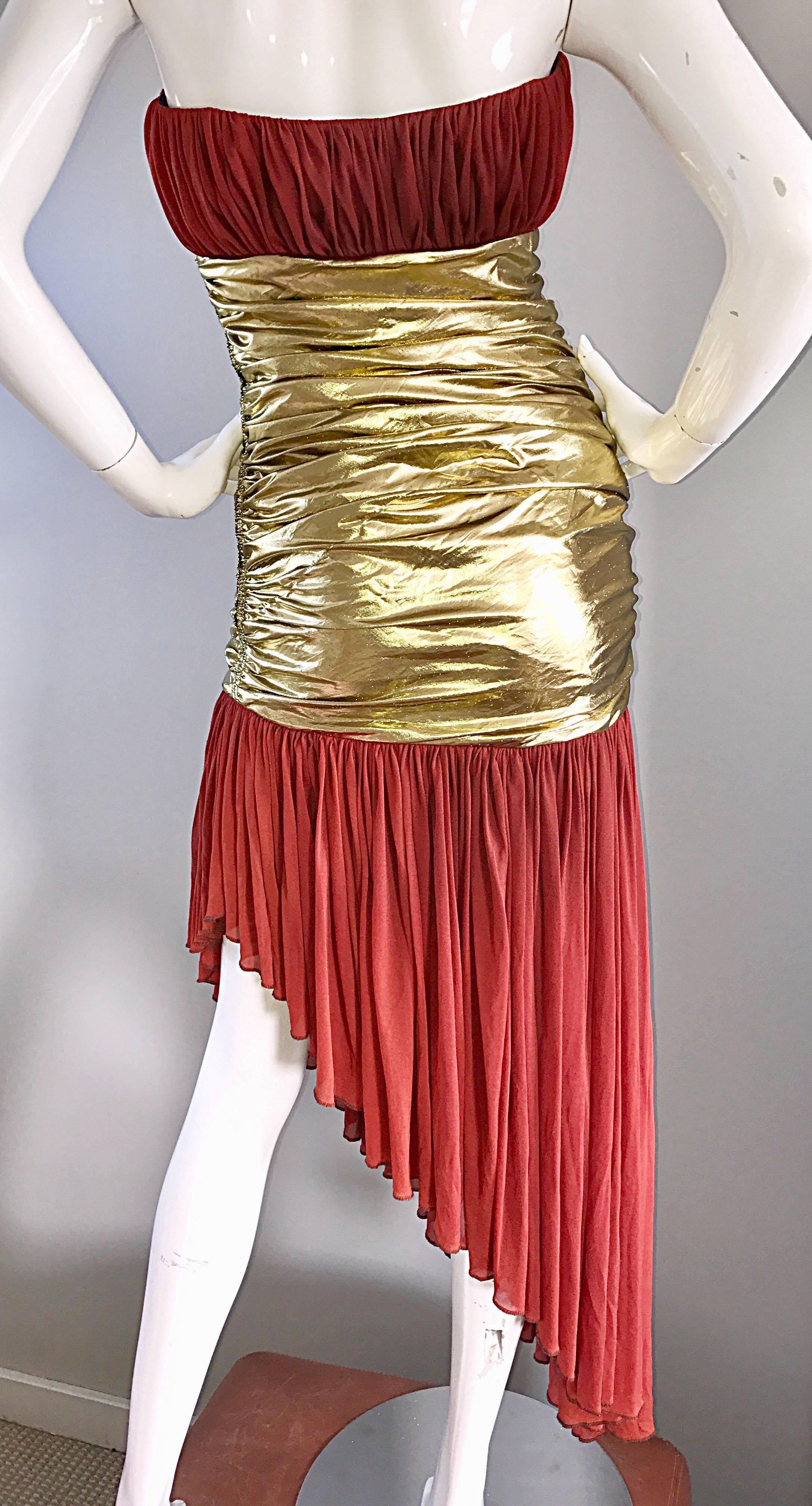 Vintage Angelo Tarlazzi Couture Metallic Gold + Rust Strapless Avant Garde Dress 3