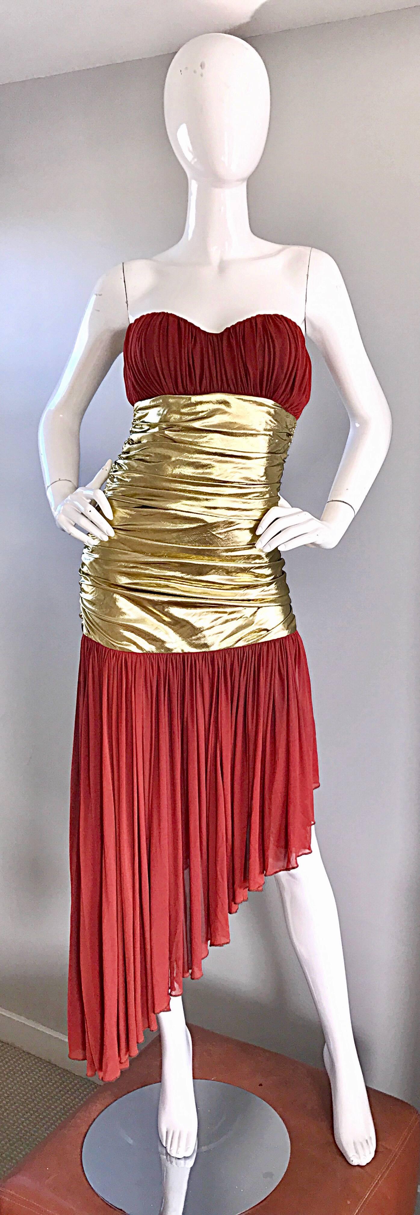 Vintage Angelo Tarlazzi Couture Metallic Gold + Rust Strapless Avant Garde Dress 4