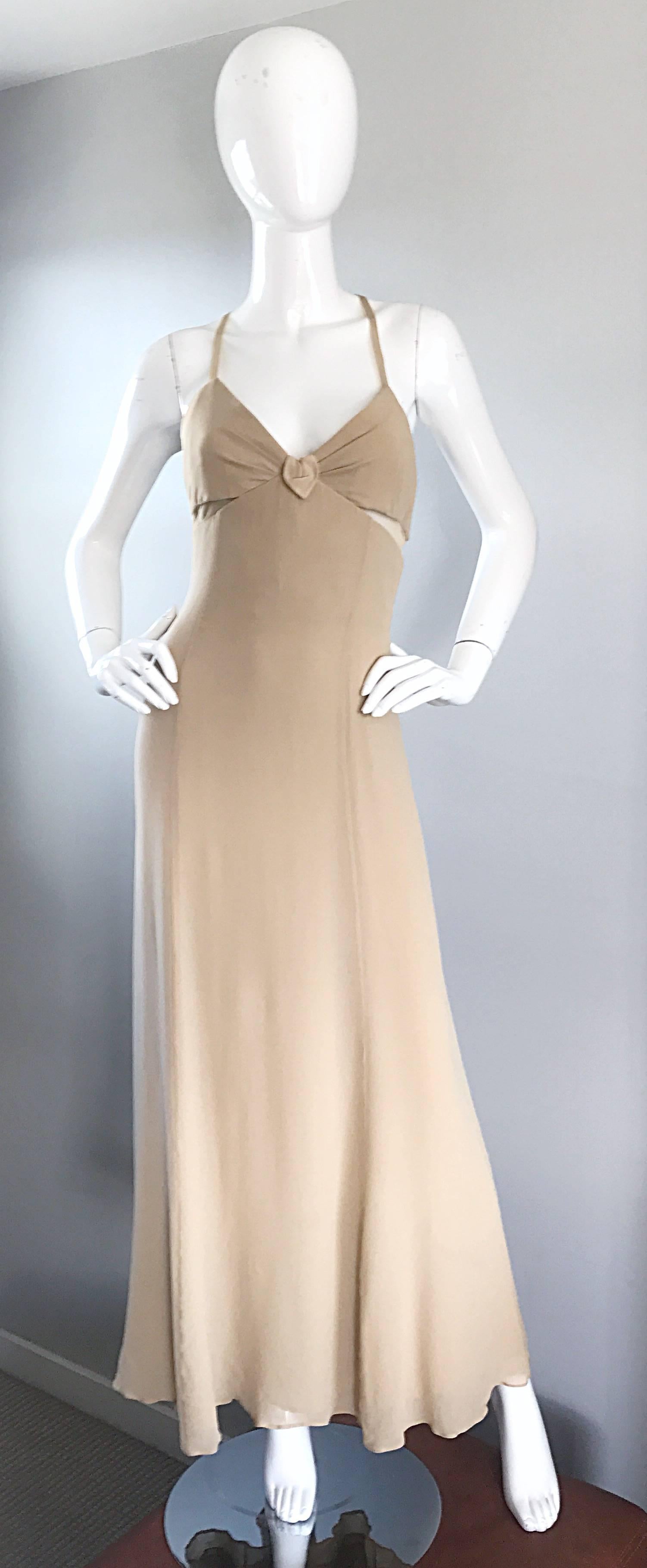 Sensational vintage 90s GIORGIO ARMANI COLLEZINI nude silk chiffon cut-out bias gown! Features side cut-outs at the bust with nude mesh overlays. Boned bodice holds everything in place. Silk straps criss cross on the back, with an additional lower