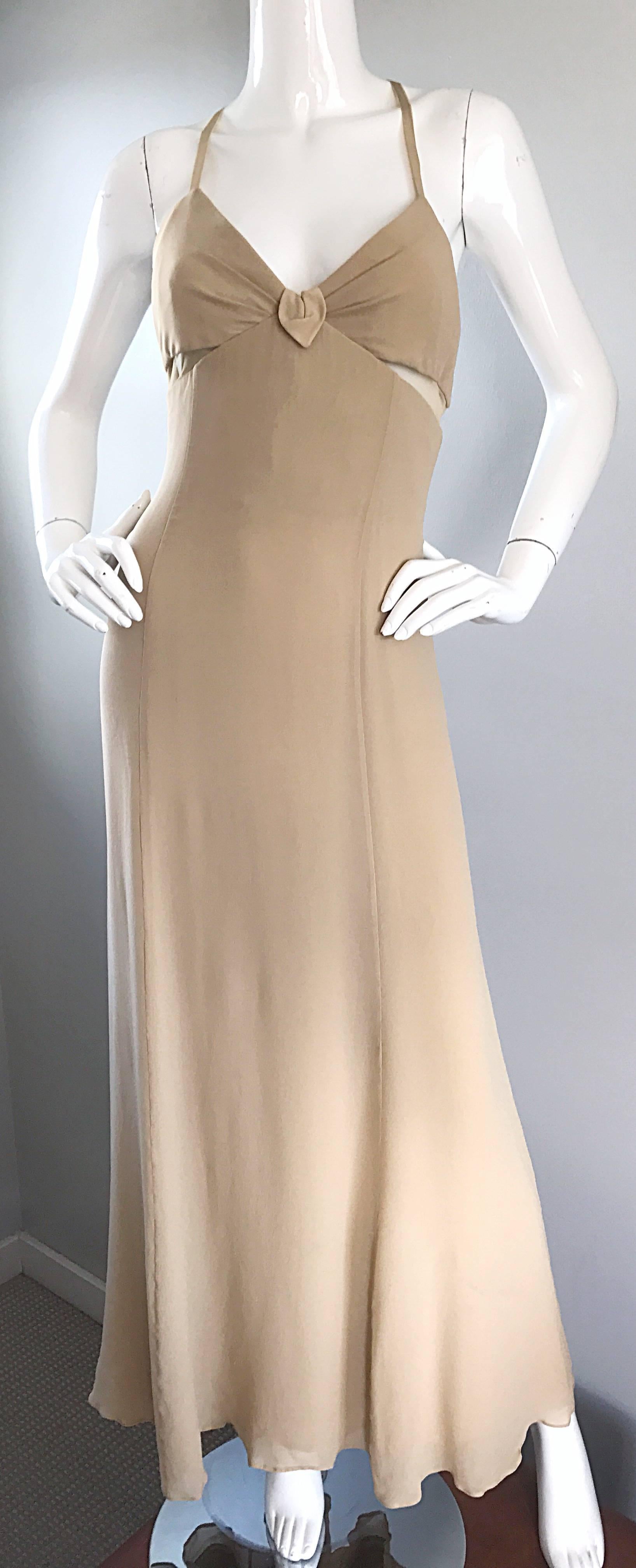 1990s Giorgio Armani Collezioni Sz 4 6 Nude Silk Chiffon Cut - Out Gown Evening In Excellent Condition For Sale In San Diego, CA