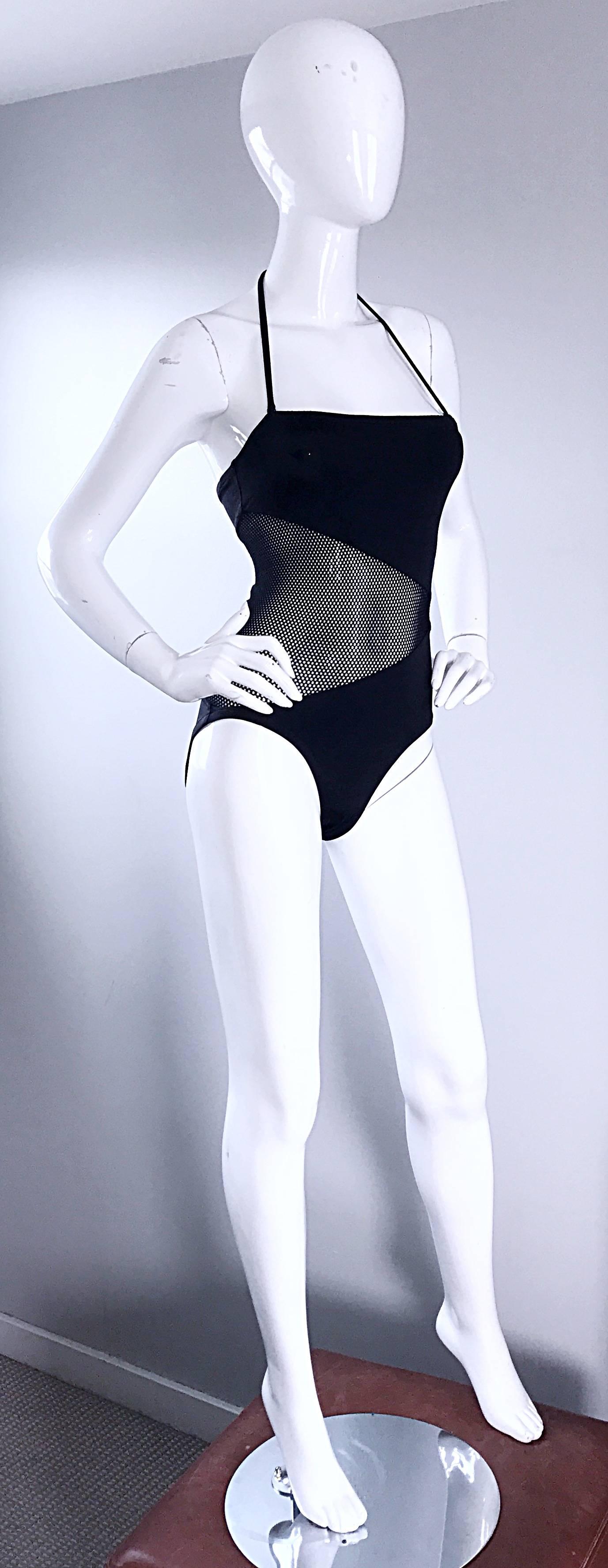 Bill Blass Black Cutout Mesh Halter Swimsuit Bodysuit, 1990s In Excellent Condition For Sale In San Diego, CA
