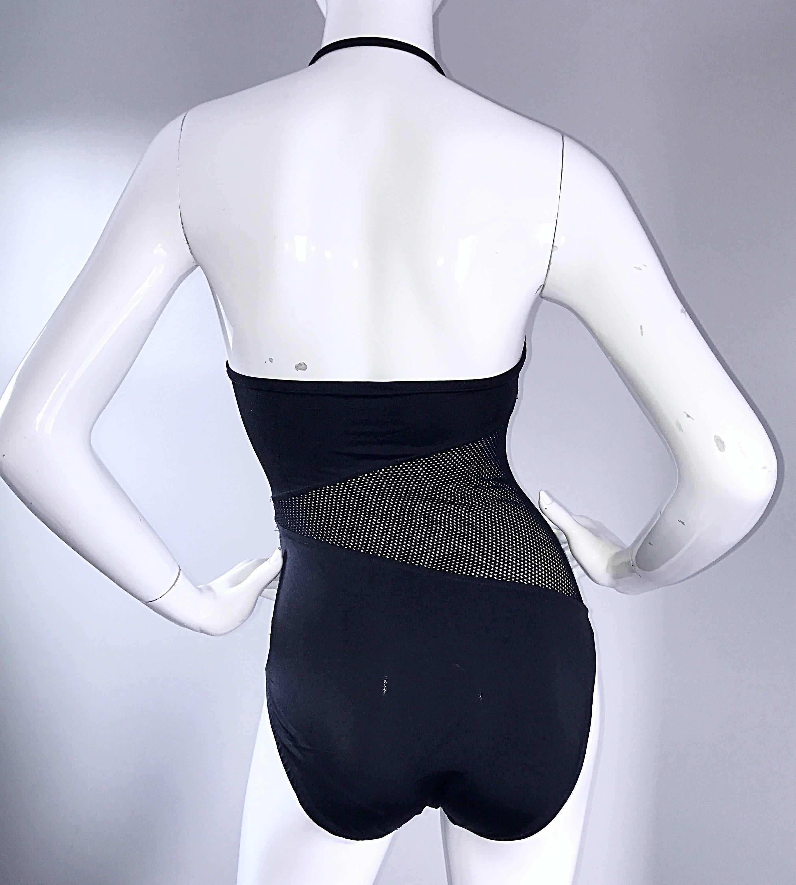 Bill Blass Black Cutout Mesh Halter Swimsuit Bodysuit, 1990s For Sale 1