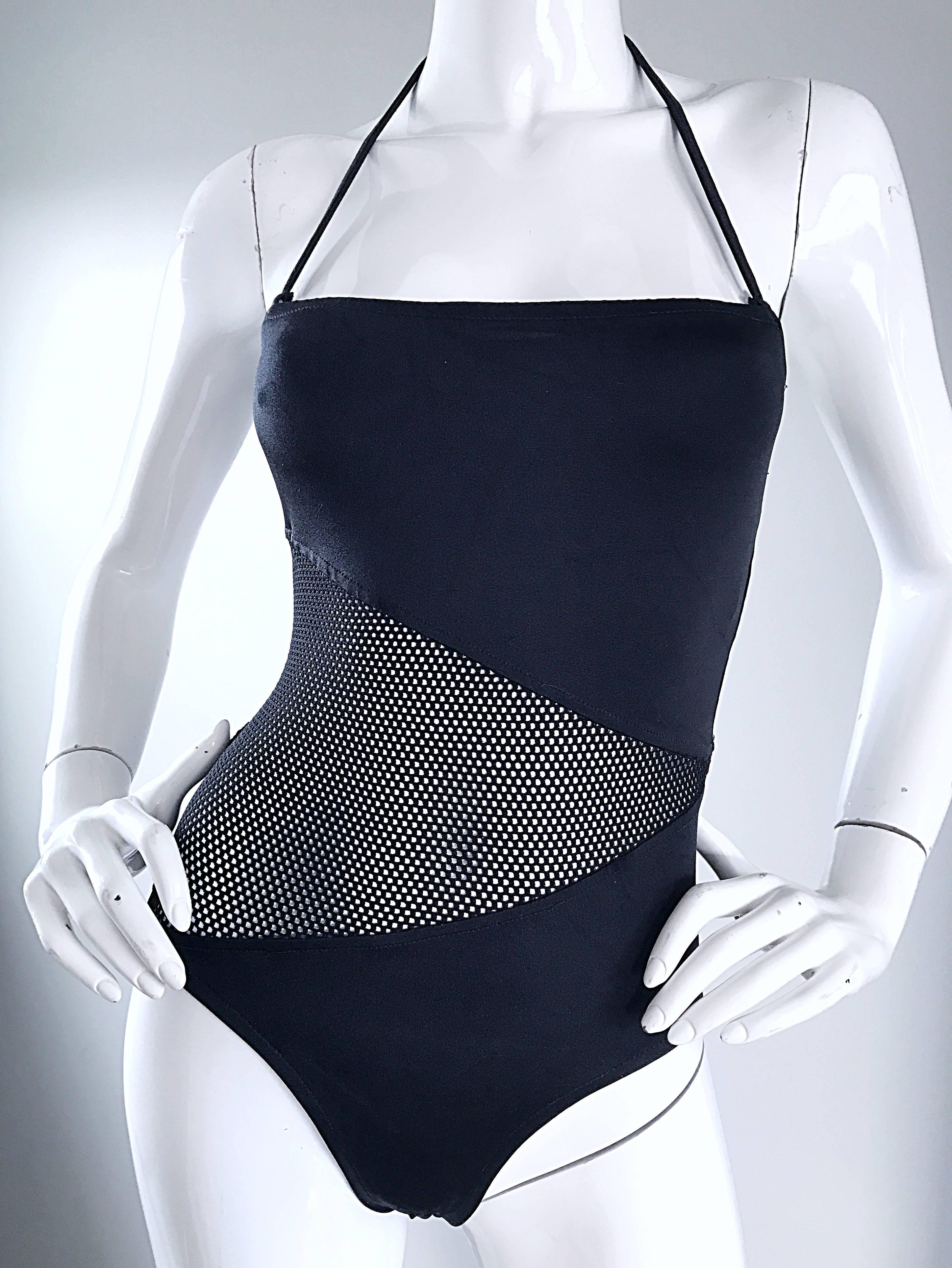Women's Bill Blass Black Cutout Mesh Halter Swimsuit Bodysuit, 1990s For Sale
