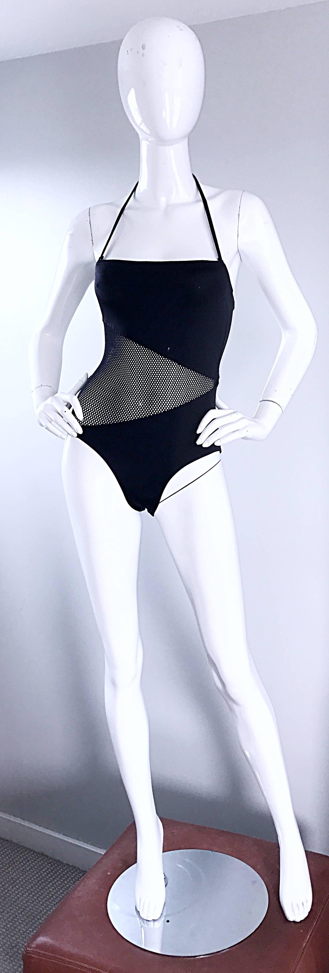 Bill Blass Black Cutout Mesh Halter Swimsuit Bodysuit, 1990s For Sale 2