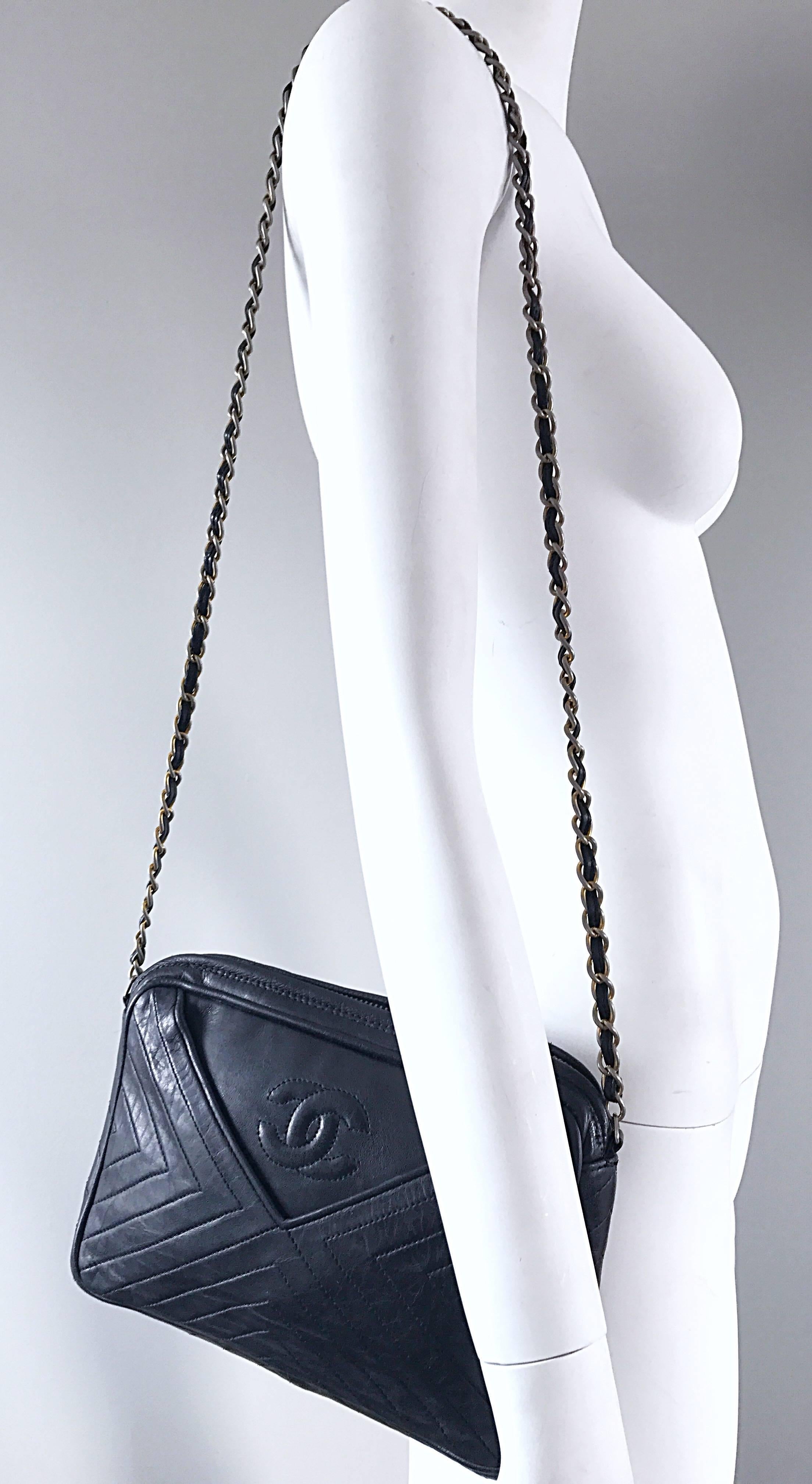 Women's Vintage CHANEL Black Leather Chevron Quilted Stripe Shoulder Bag 80s Crossbody 