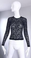 1990s Calvin Klein Black Lace Vintage Bodycon Sexy Sheer 90s Crop Top Blouse