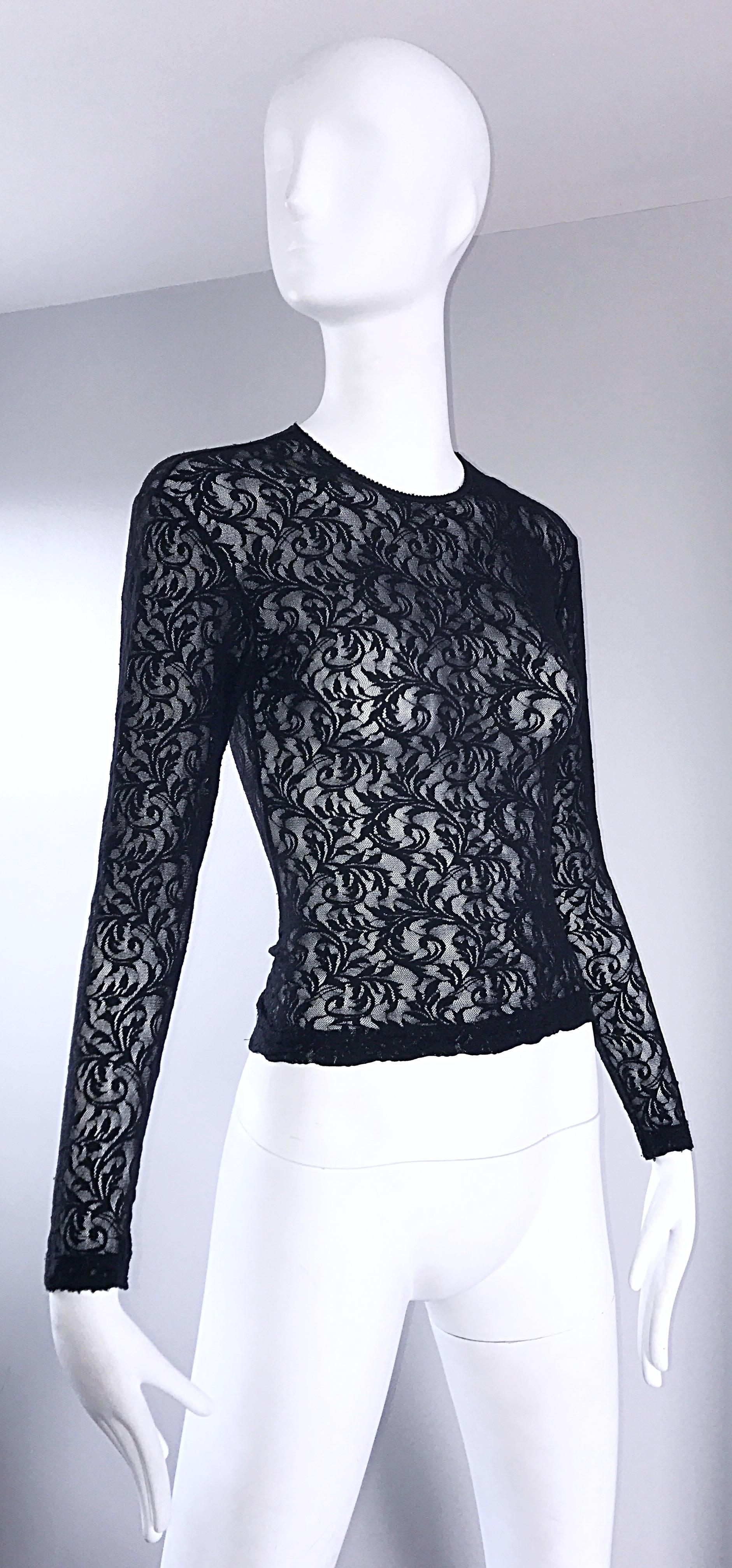 1990er Calvin Klein Schwarze Vintage Bodycon Sexy durchsichtige 90er Crop Top Bluse aus Spitze Vintage Bodycon im Angebot 1