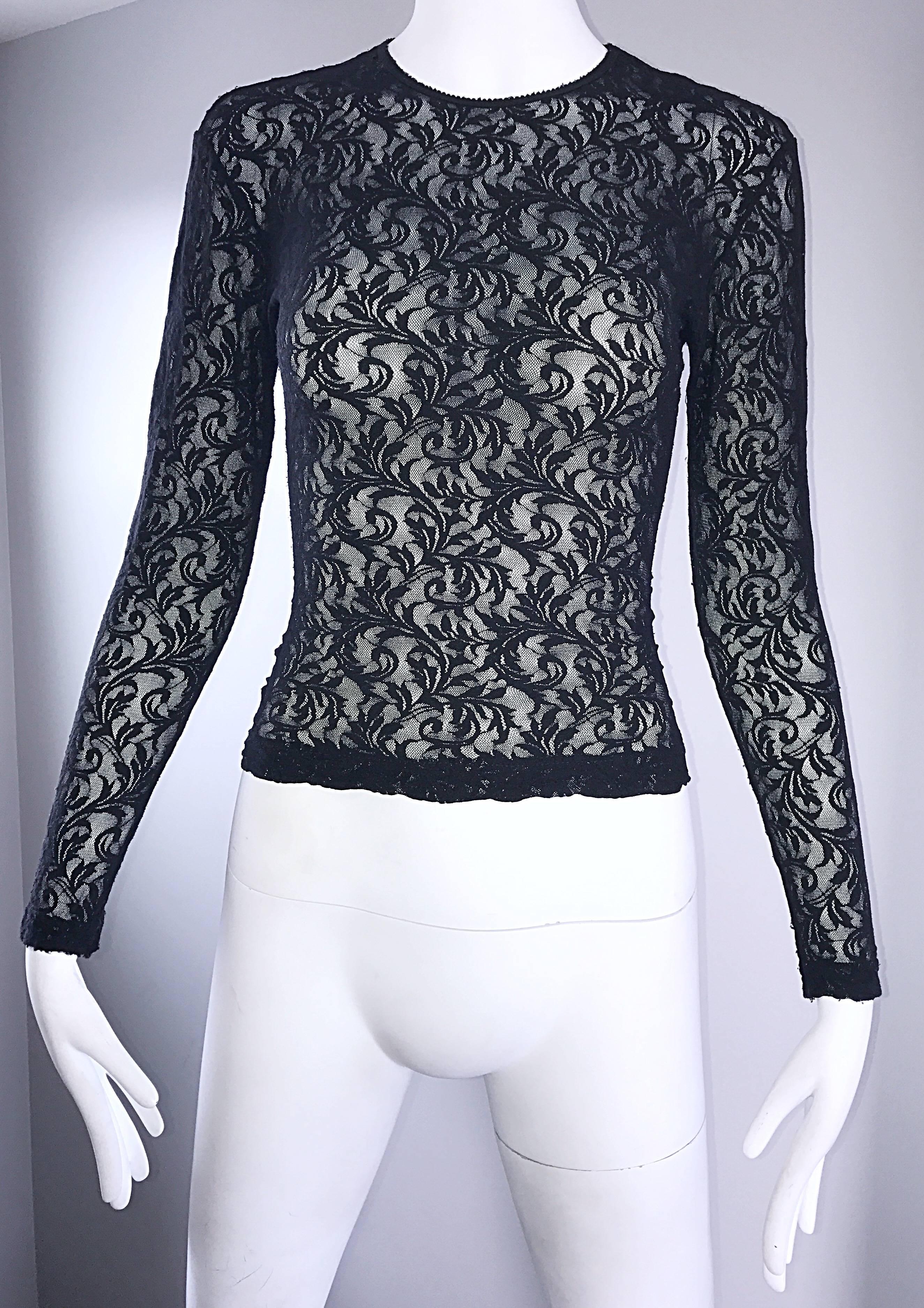 1990s Calvin Klein Black Lace Vintage Bodycon Sexy Sheer 90s Crop Top Blouse In Excellent Condition For Sale In San Diego, CA