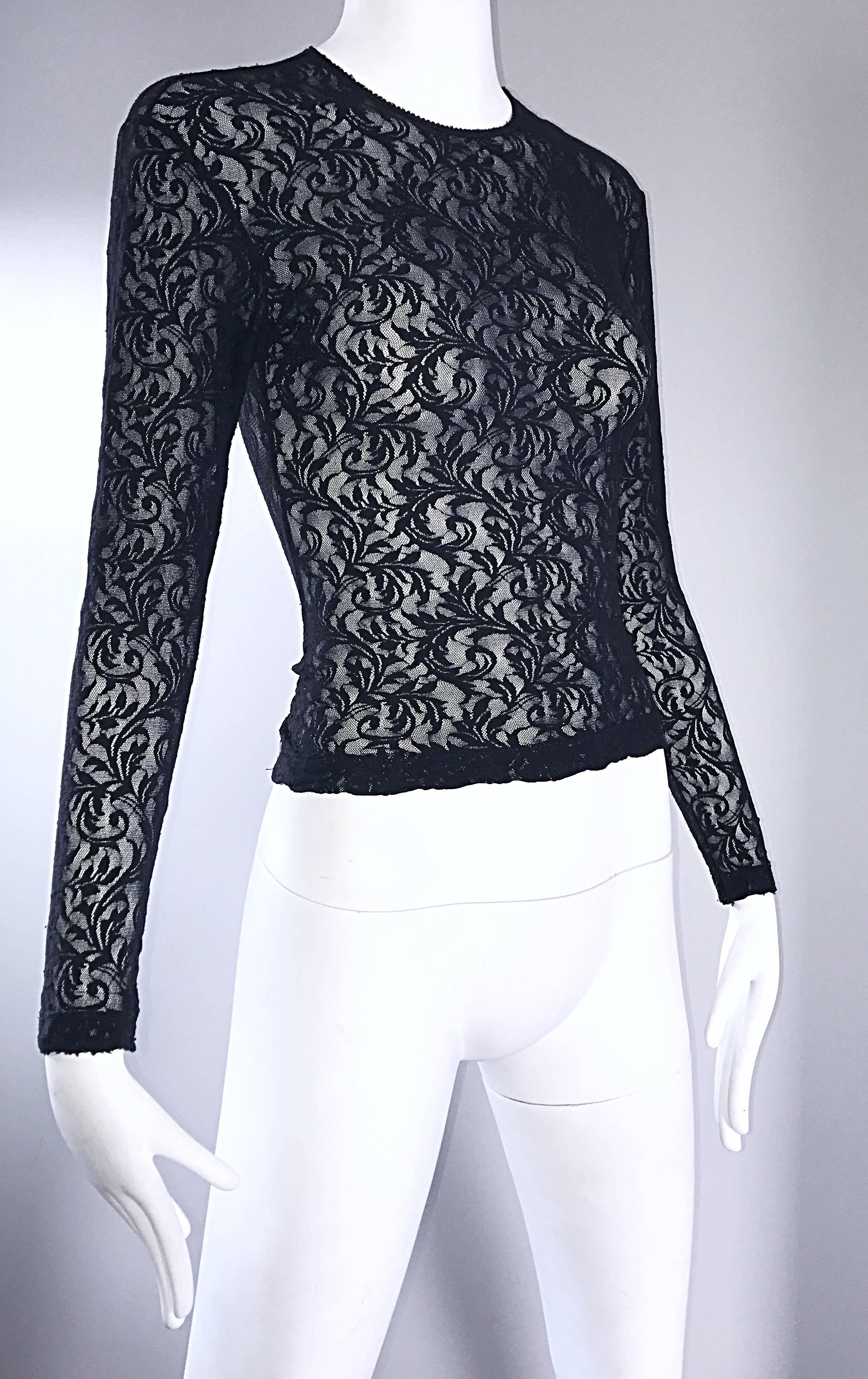 Women's 1990s Calvin Klein Black Lace Vintage Bodycon Sexy Sheer 90s Crop Top Blouse For Sale