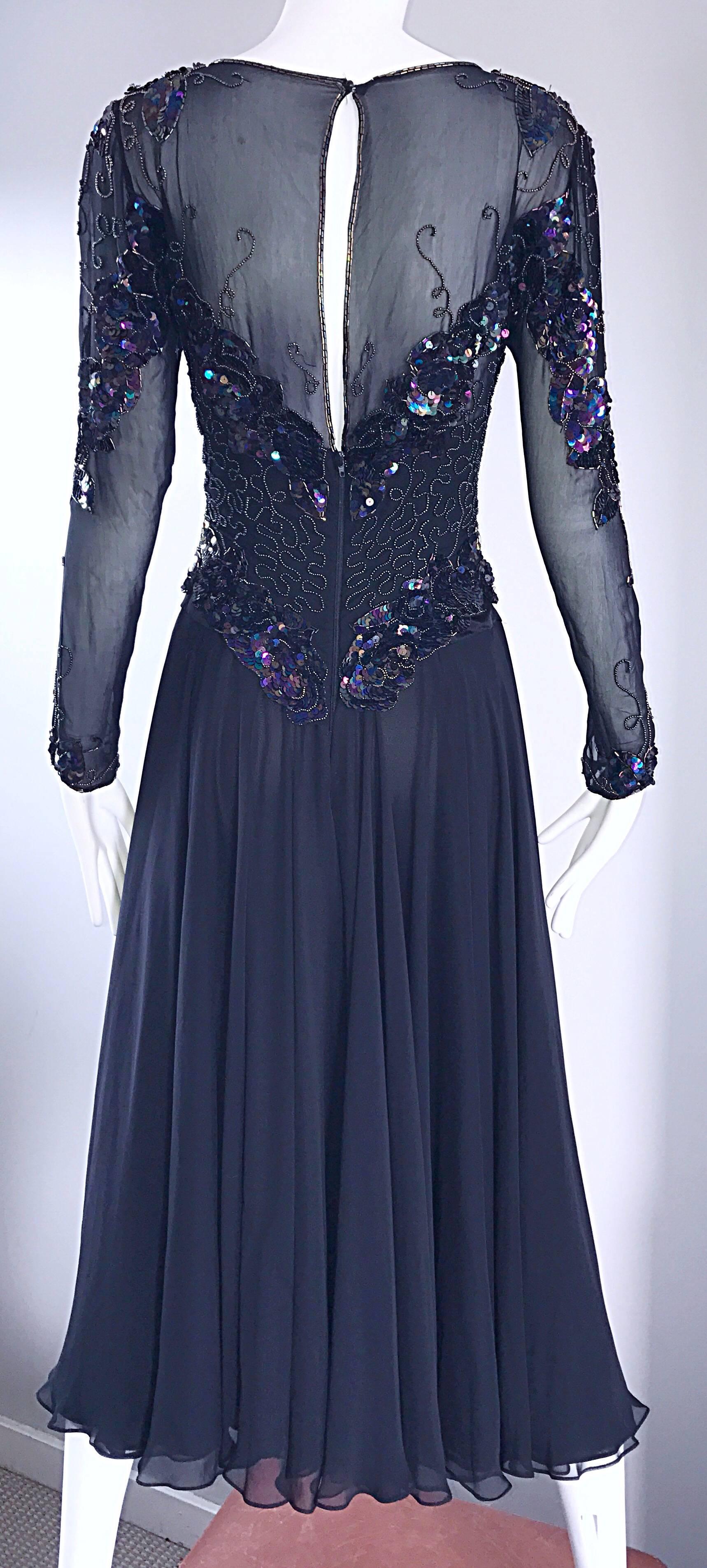 Women's  Vintage Eletra Casadei 1980s Black Sequined Beaded Silk Chiffon 80s Midi Dress For Sale