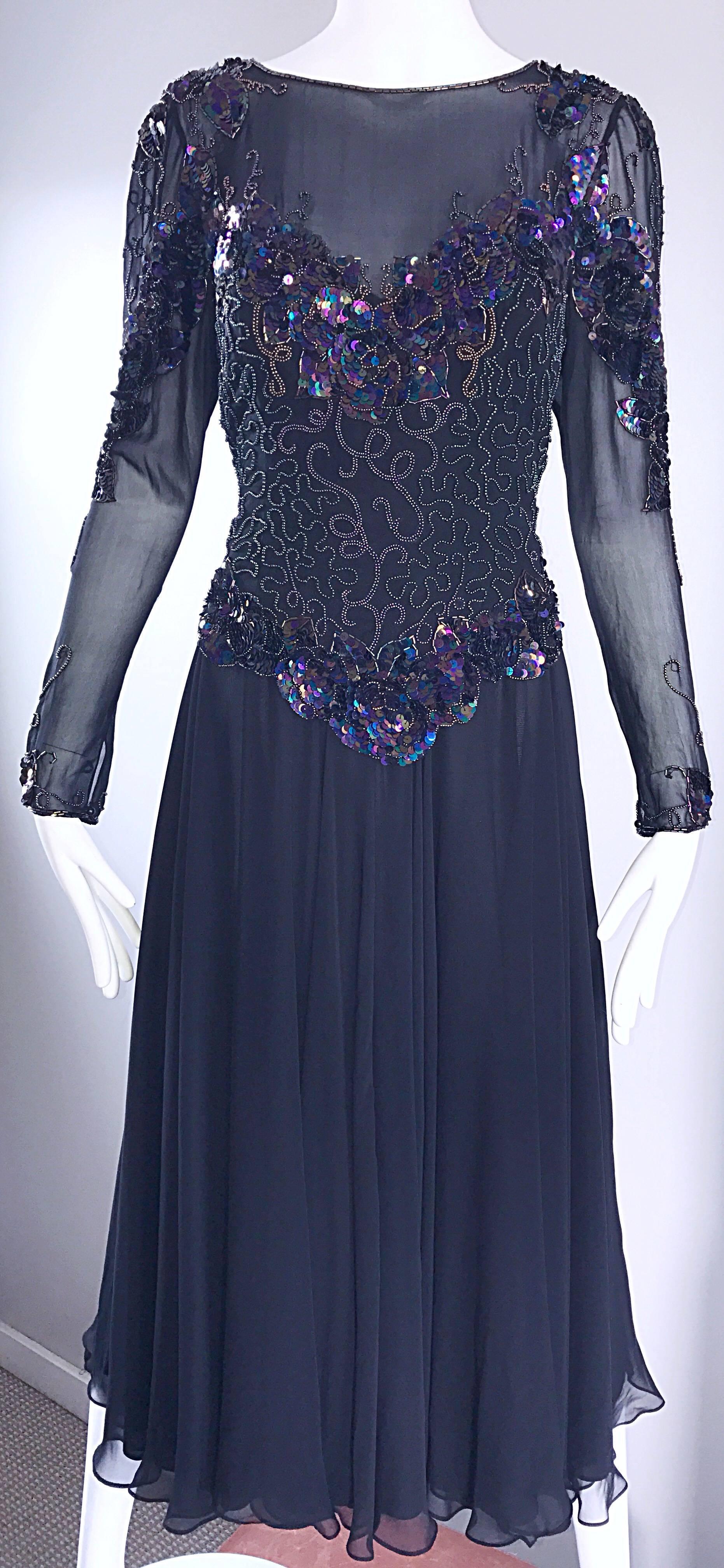  Vintage Eletra Casadei 1980s Black Sequined Beaded Silk Chiffon 80s Midi Dress In Excellent Condition For Sale In San Diego, CA