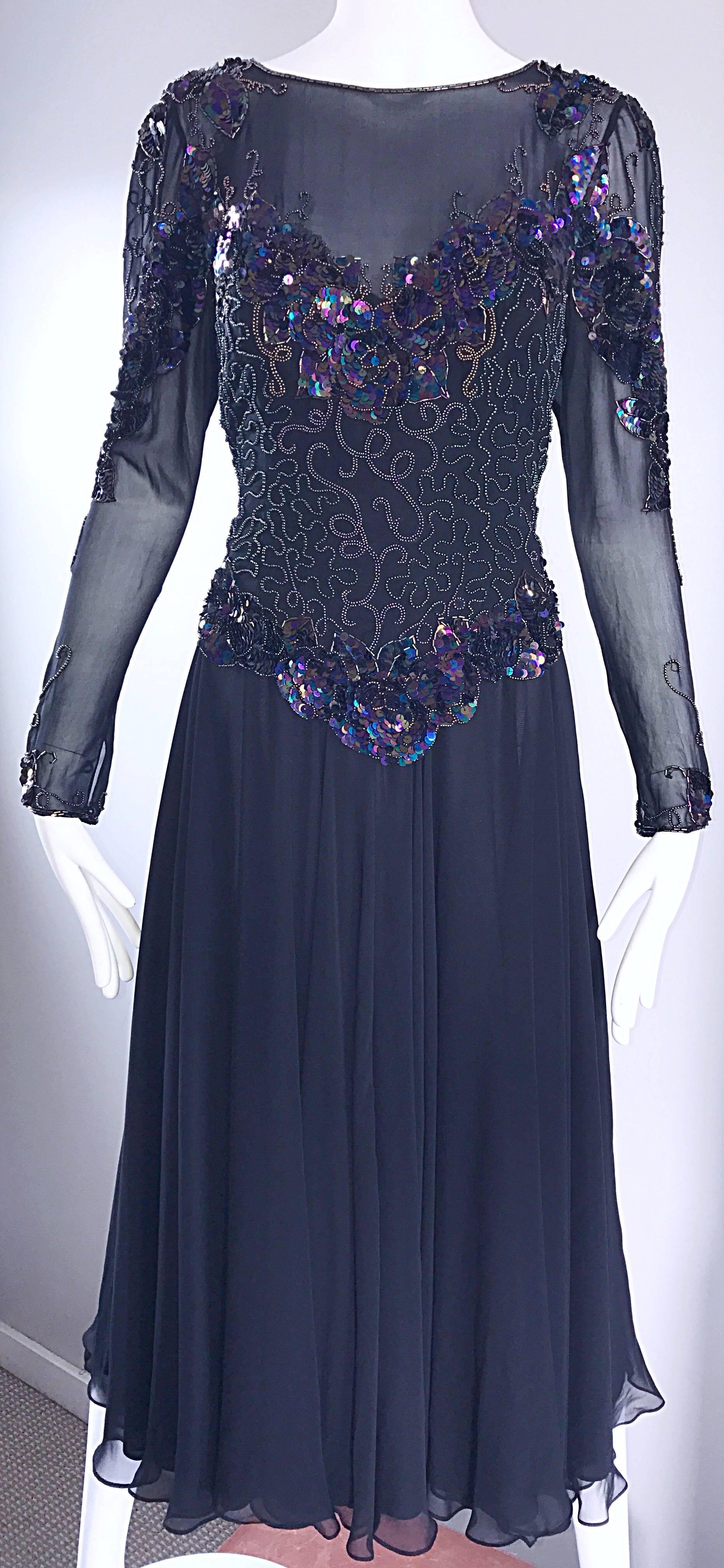 De las mujeres Vintage Eletra Casadei Años 80 Vestido midi de gasa de seda con cuentas y lentejuelas negras de los años 80 en venta