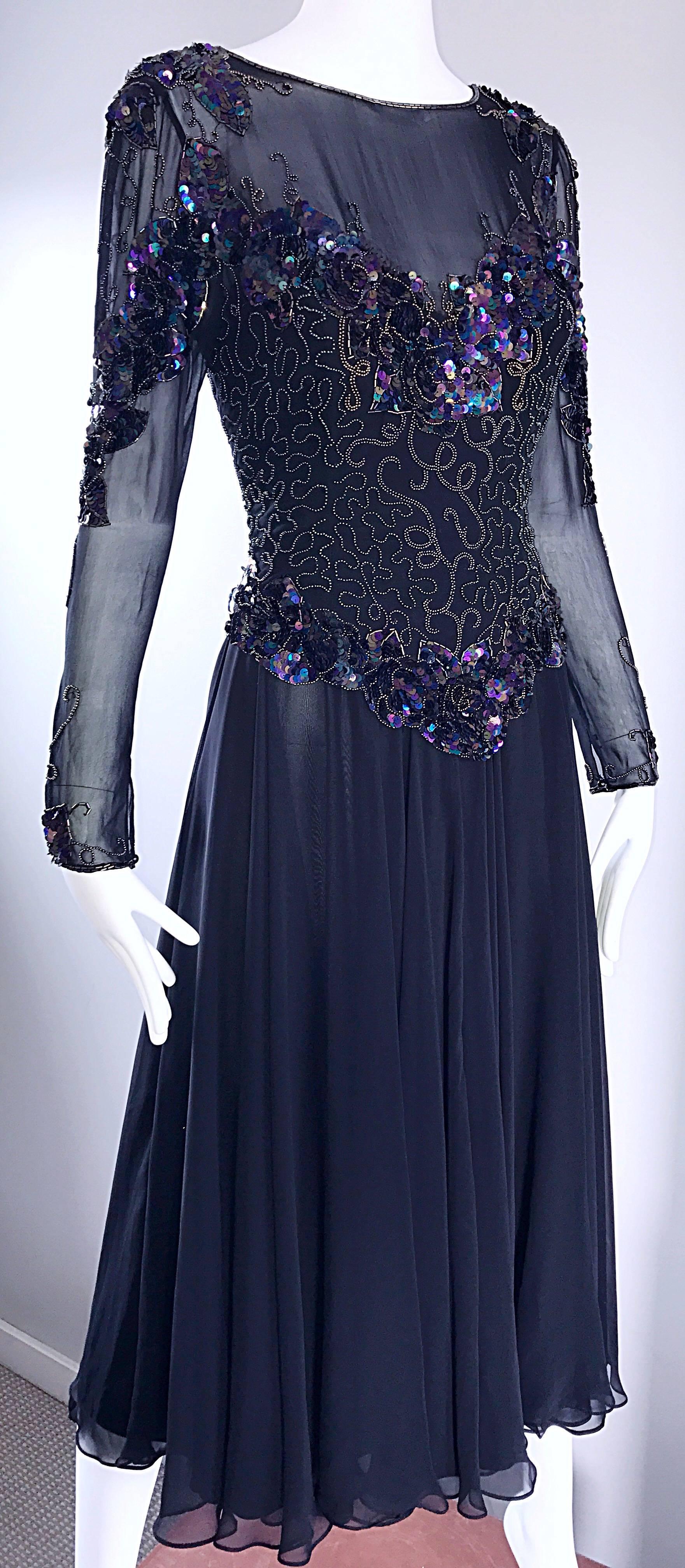  Vintage Eletra Casadei 1980s Black Sequined Beaded Silk Chiffon 80s Midi Dress For Sale 1