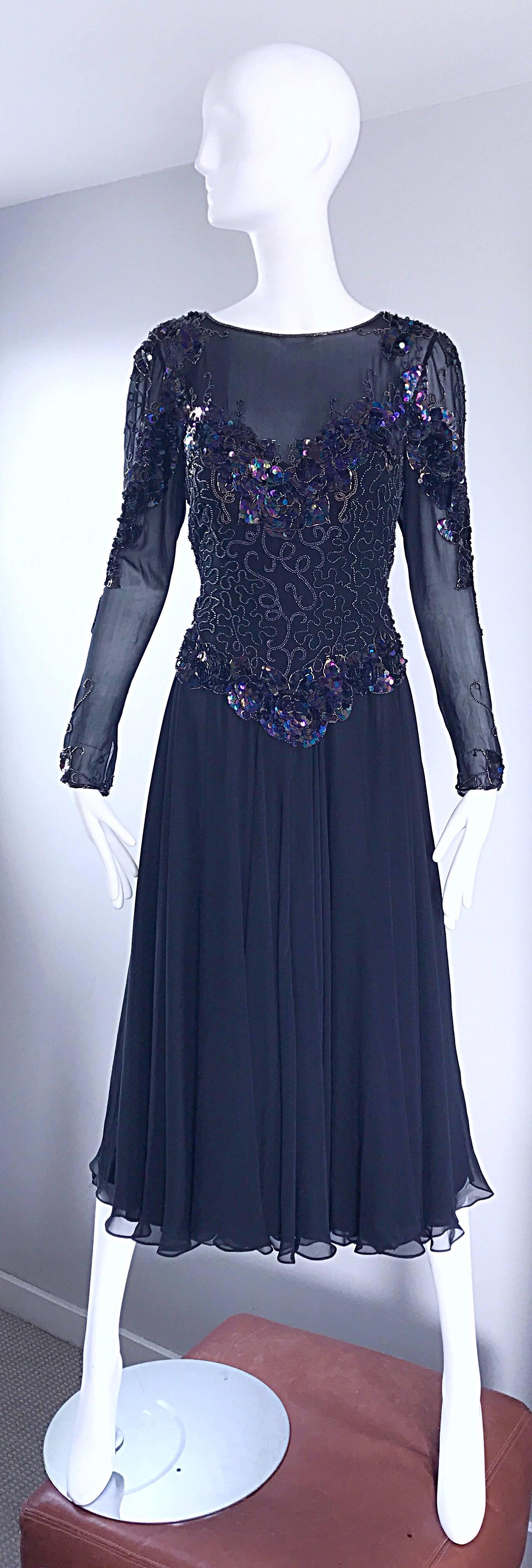  Vintage Eletra Casadei 1980s Black Sequined Beaded Silk Chiffon 80s Midi Dress For Sale 2