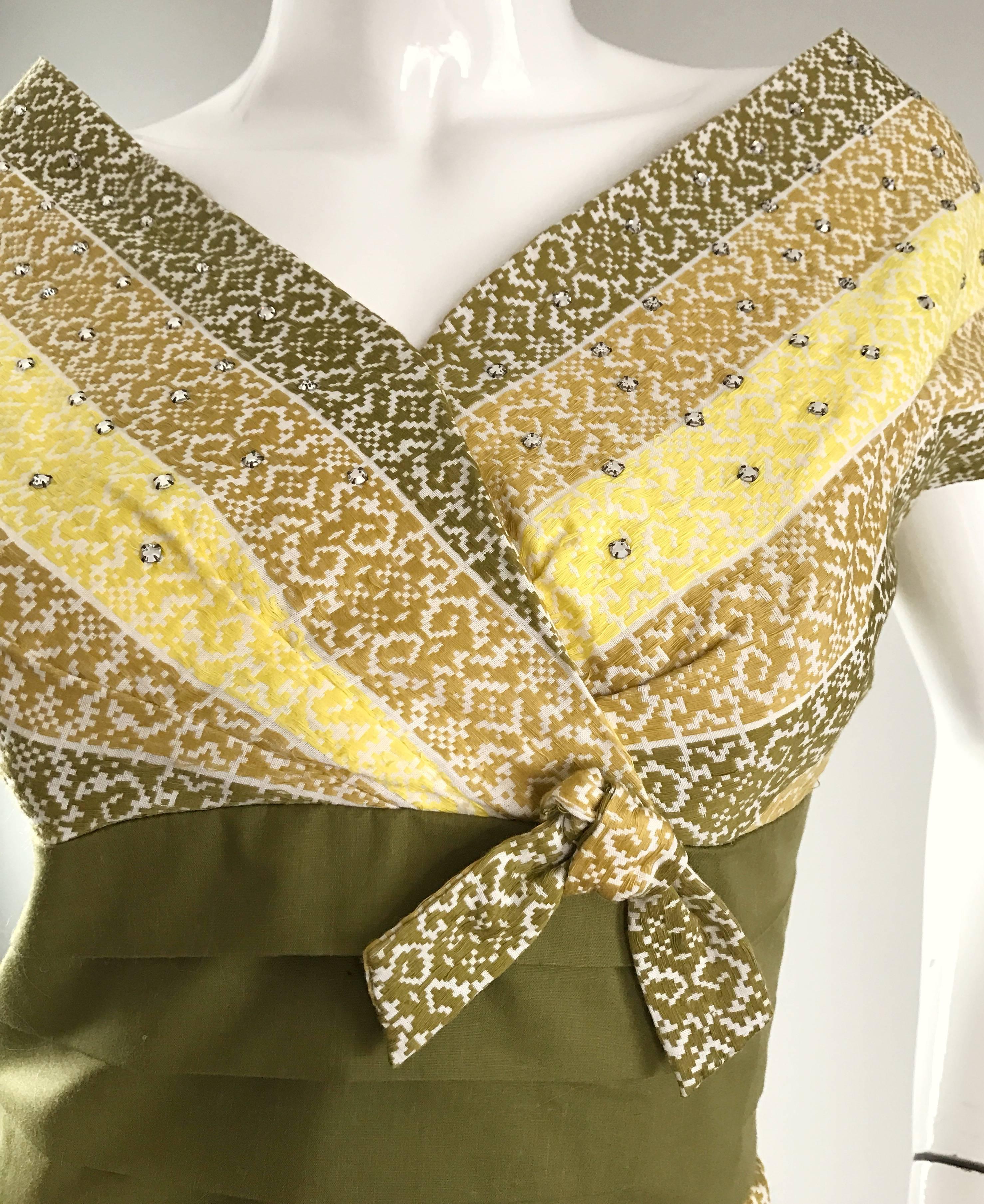 Brown 1950s Emma Domb Chartreuse Green + Yellow Rhinestone Cotton Vintage 50s Dress