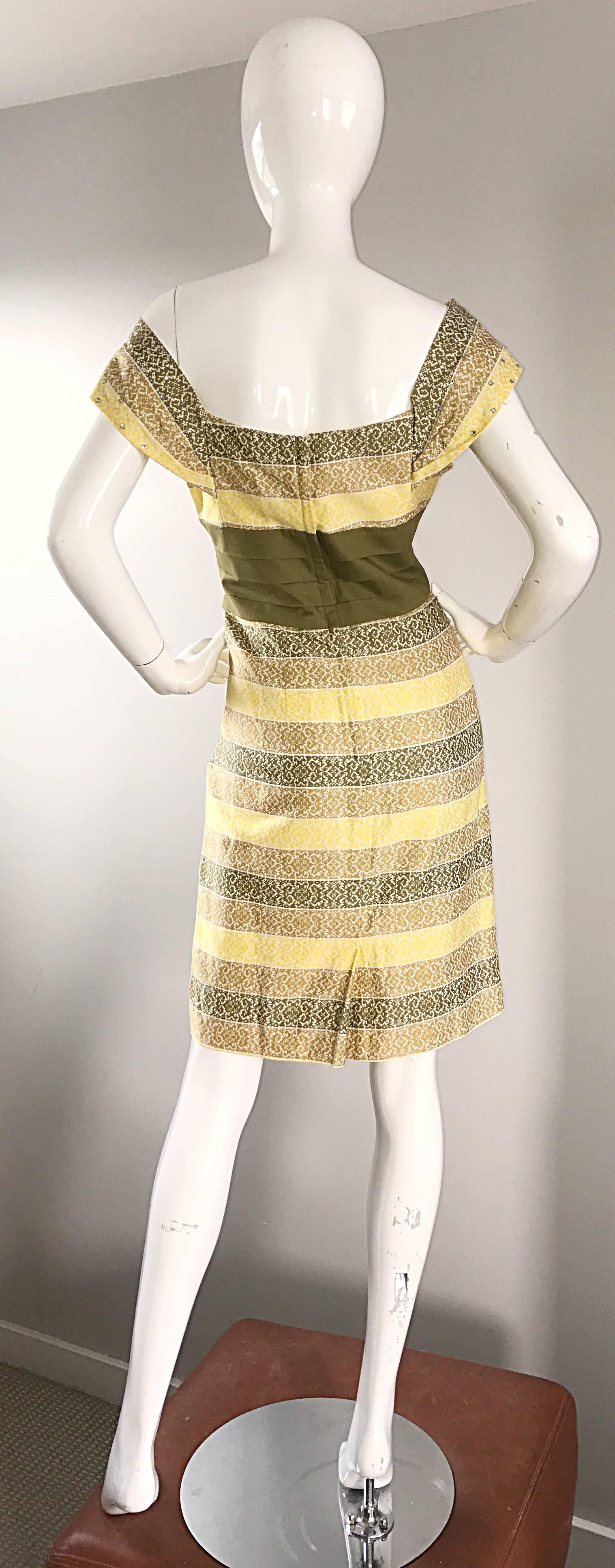 1950s Emma Domb Chartreuse Green + Yellow Rhinestone Cotton Vintage 50s Dress In Excellent Condition In San Diego, CA