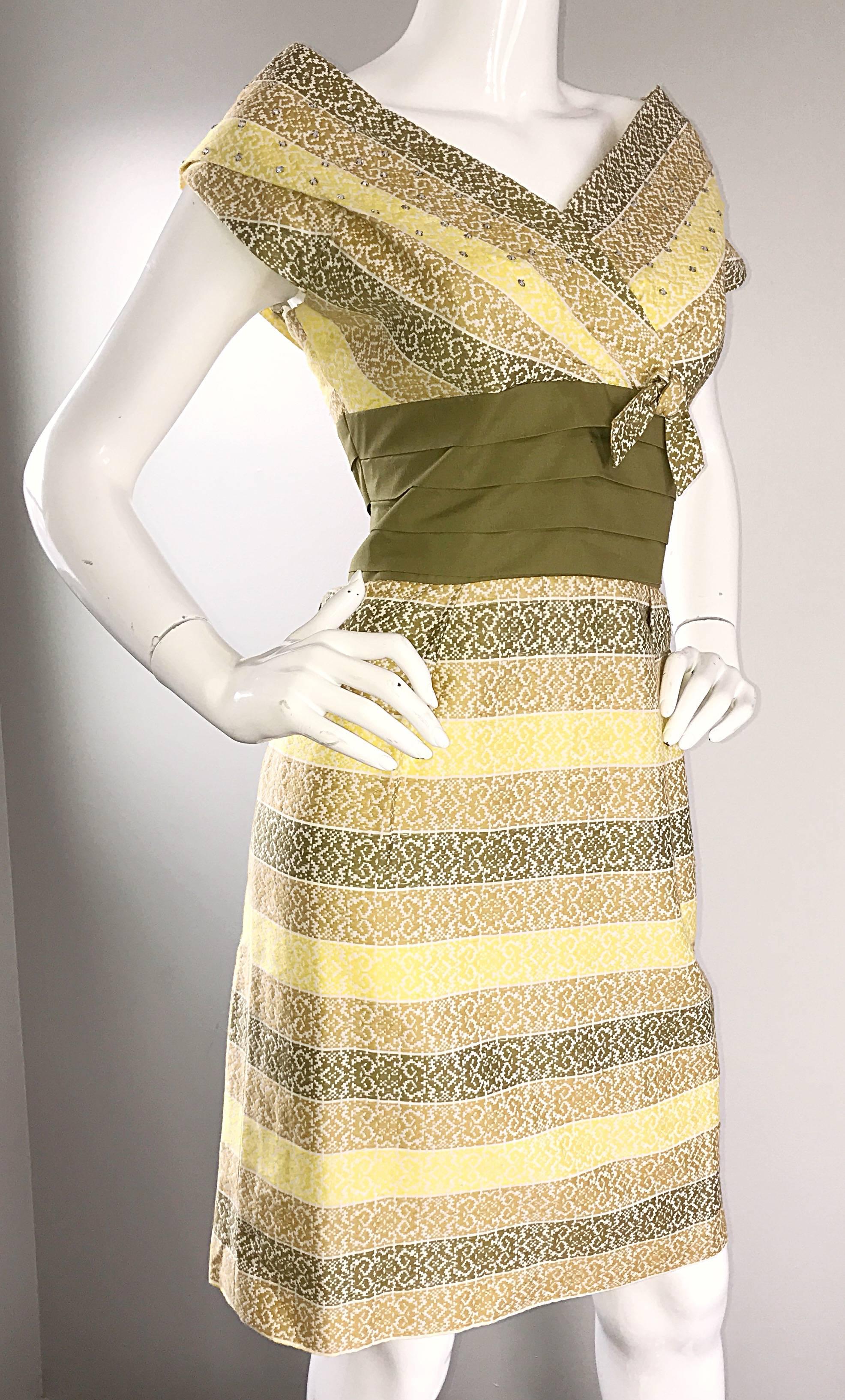 Women's 1950s Emma Domb Chartreuse Green + Yellow Rhinestone Cotton Vintage 50s Dress