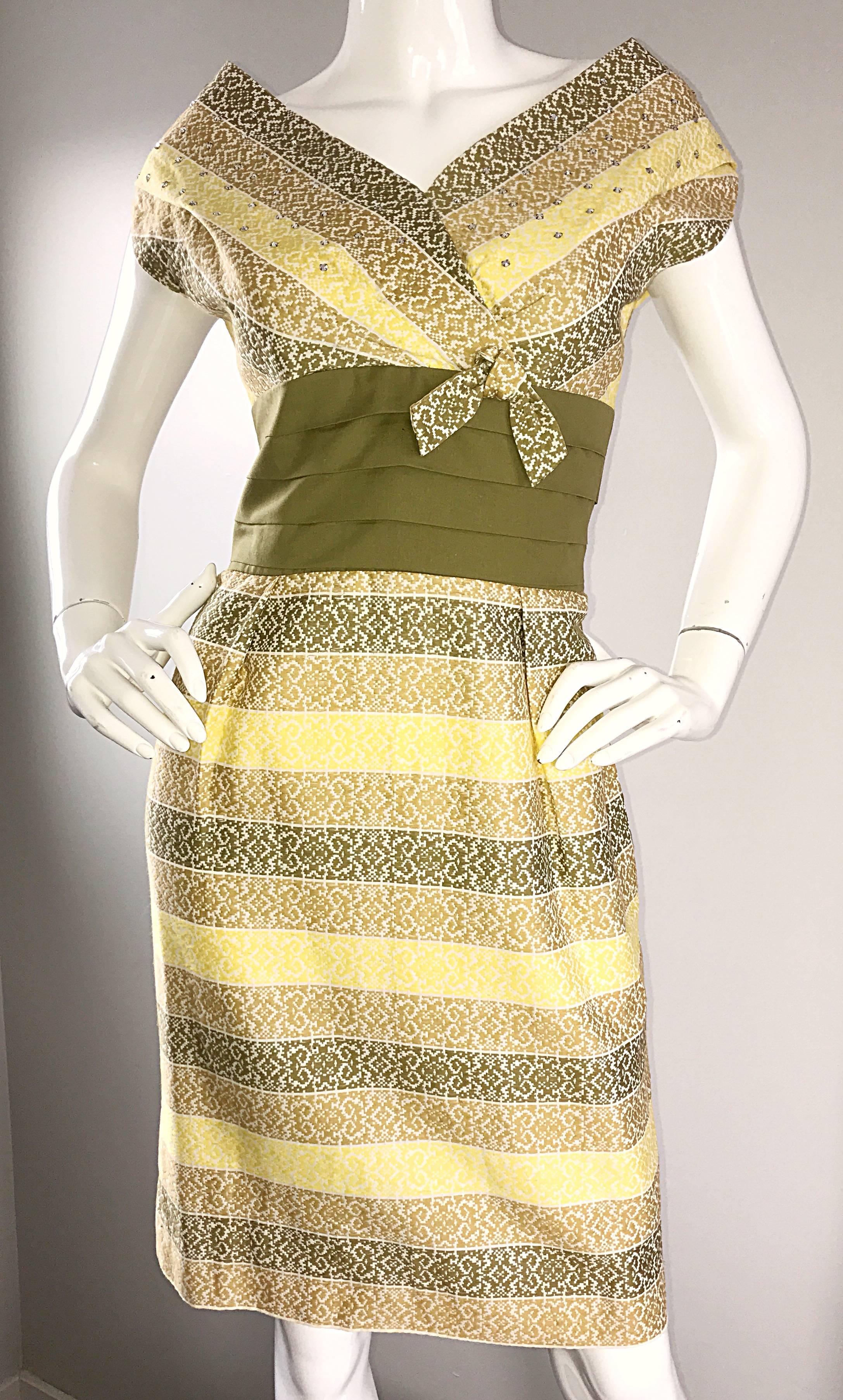 1950s Emma Domb Chartreuse Green + Yellow Rhinestone Cotton Vintage 50s Dress 1