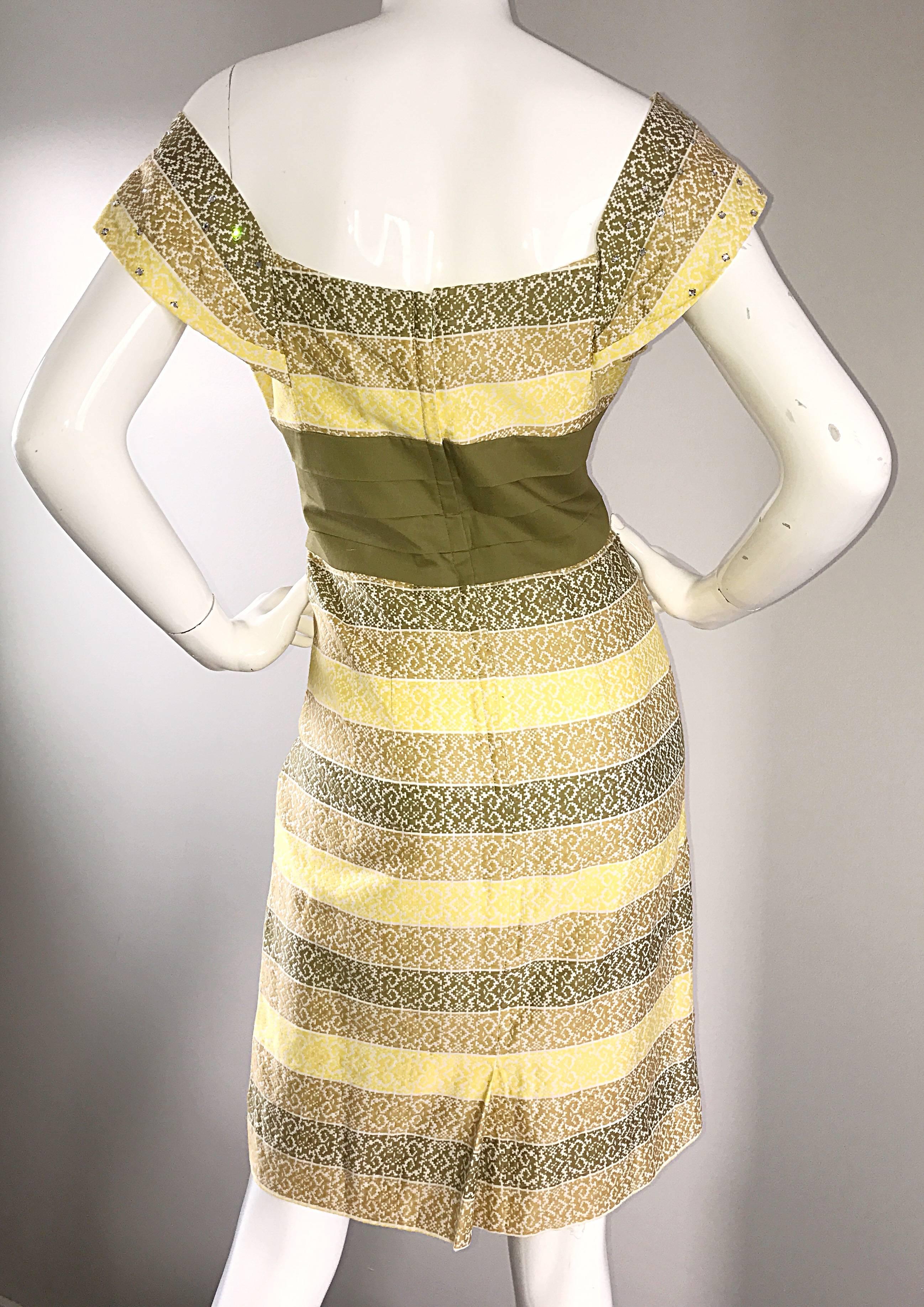 1950s Emma Domb Chartreuse Green + Yellow Rhinestone Cotton Vintage 50s Dress 2