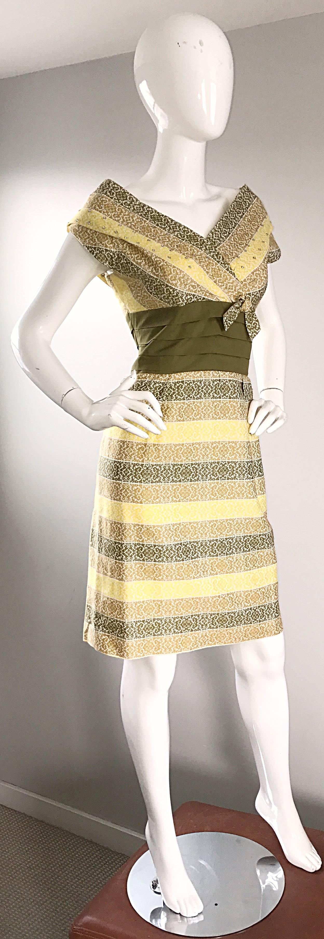 1950s Emma Domb Chartreuse Green + Yellow Rhinestone Cotton Vintage 50s Dress 3