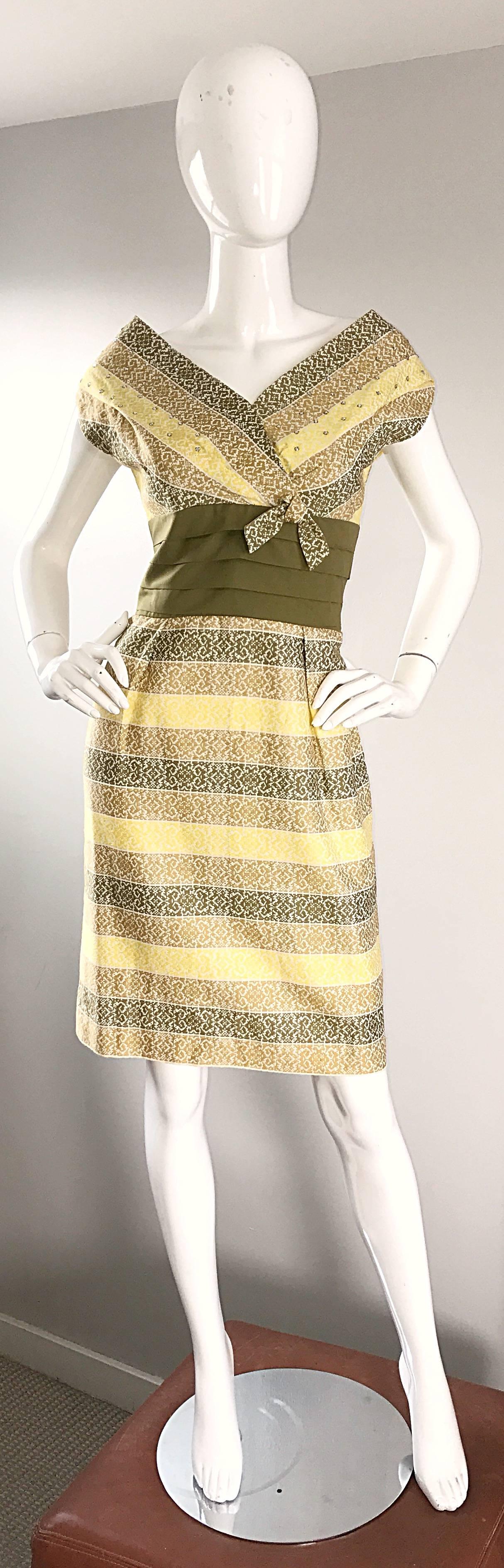1950s Emma Domb Chartreuse Green + Yellow Rhinestone Cotton Vintage 50s Dress 4