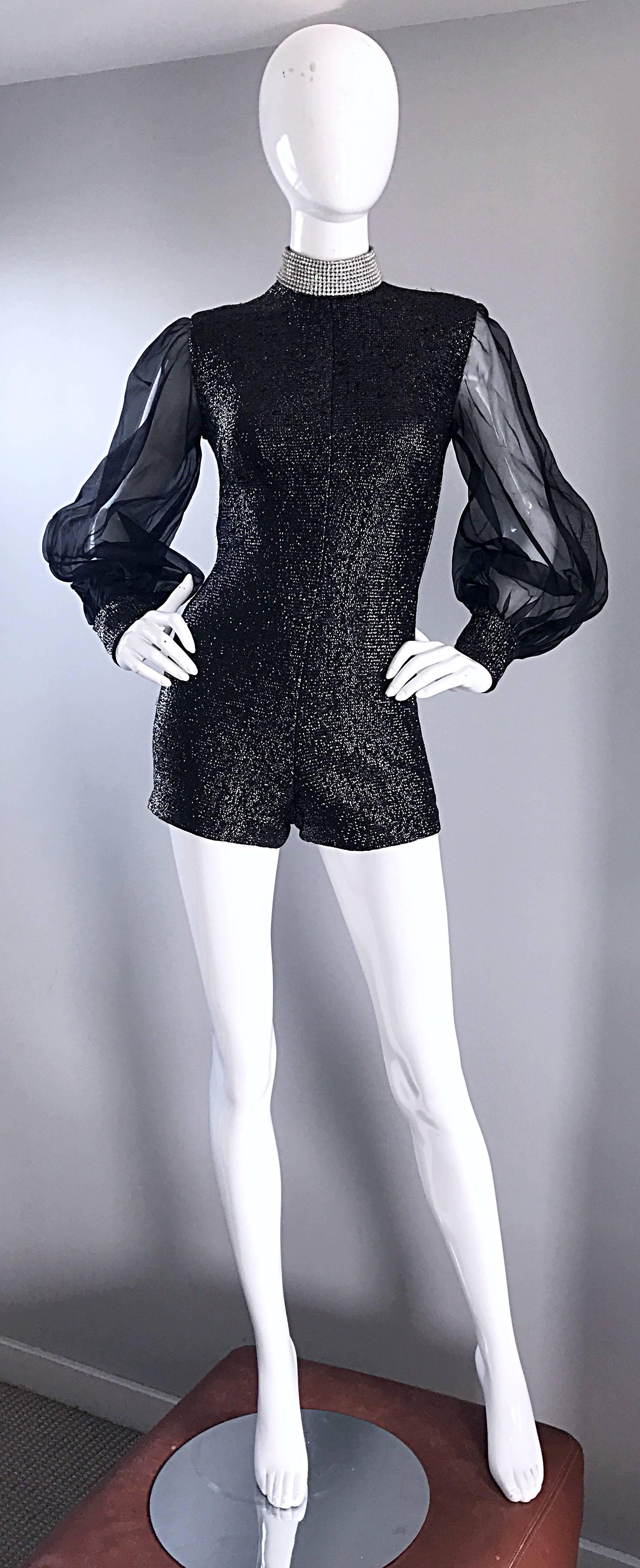 Absolutely sensational 1970s couture black metallic and chiffon rhinestone romper jumpsuit and ball skirt! Insane amount of hand-sewn workmanship throughout! Thick metallic lurex, with amazing full chiffon bishop sleeves. Rhinestone collar. Metallic