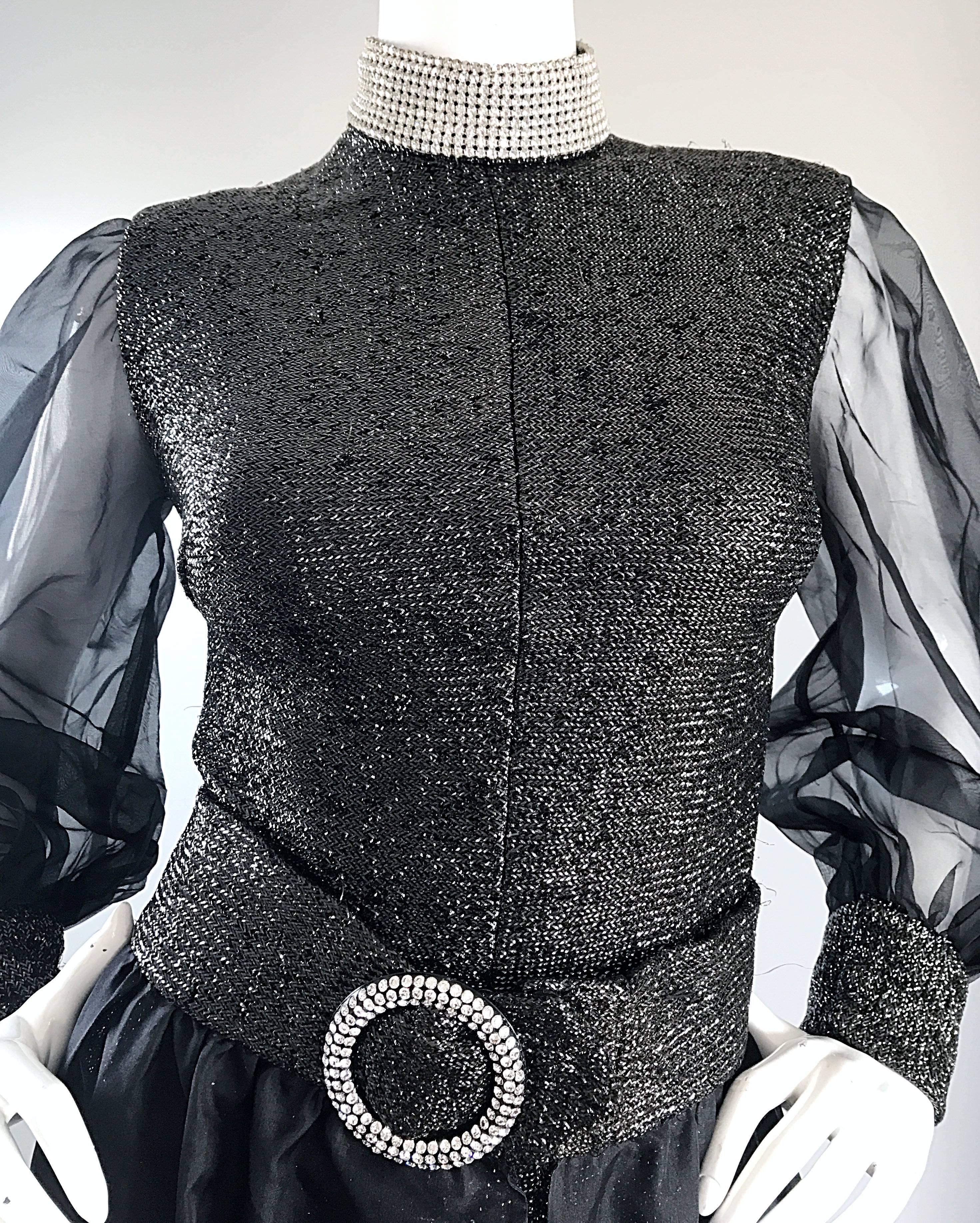 1970s Black Chiffon Lurex Rhinestone Disco Romper and Full Length Ball Skirt In Excellent Condition For Sale In San Diego, CA
