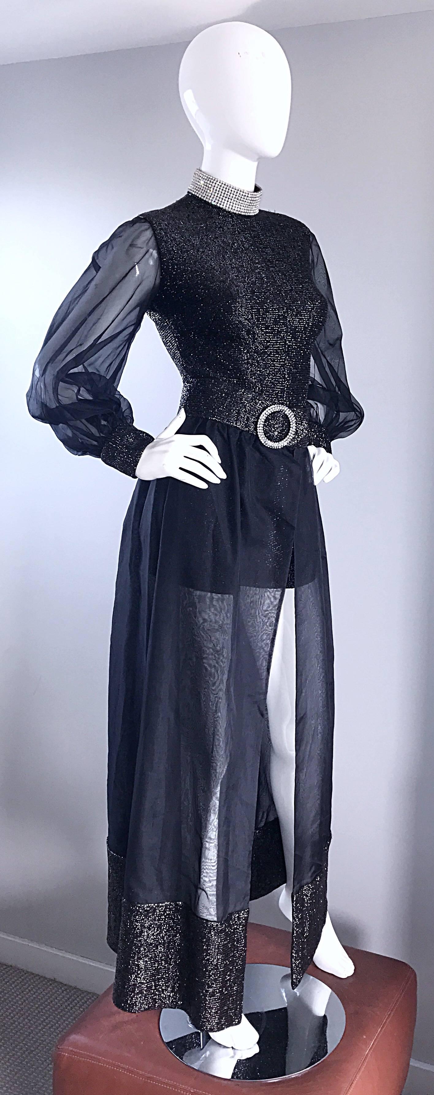 Women's 1970s Black Chiffon Lurex Rhinestone Disco Romper and Full Length Ball Skirt For Sale