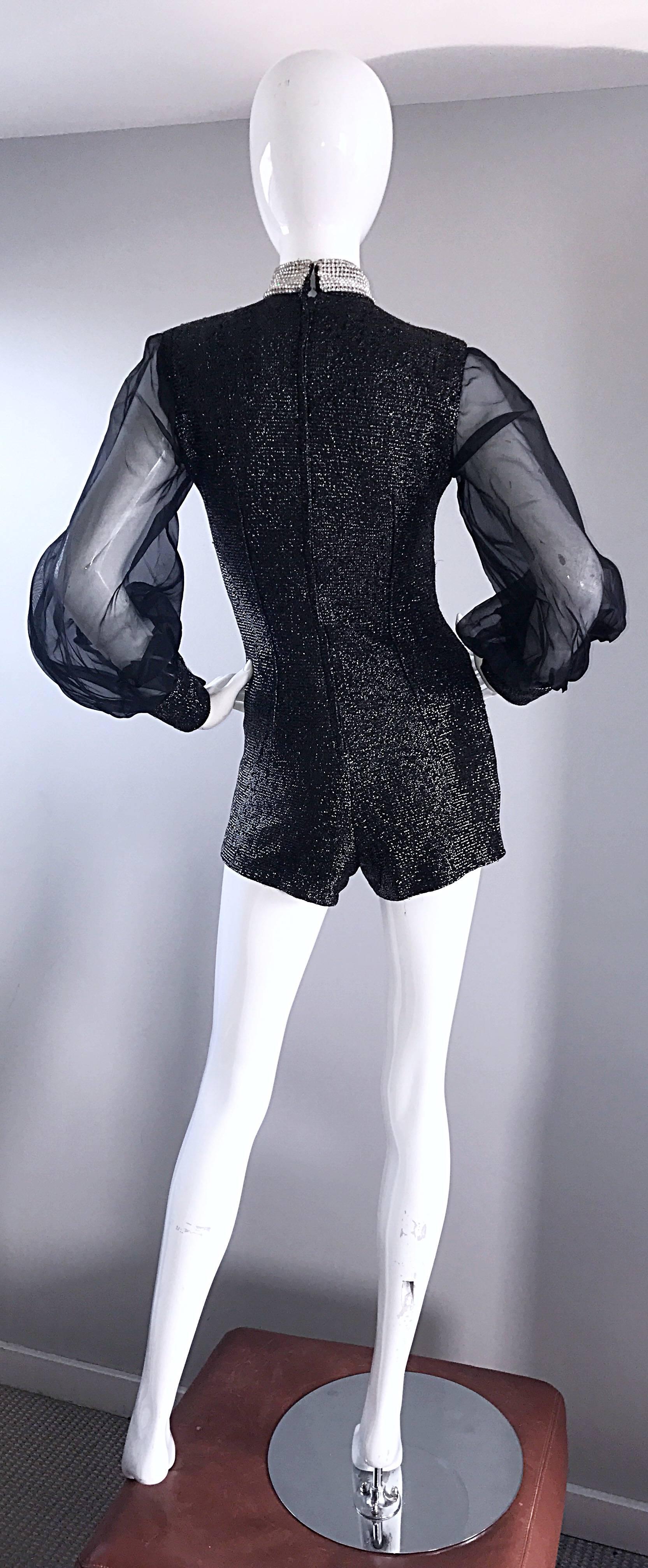 1970s Black Chiffon Lurex Rhinestone Disco Romper and Full Length Ball Skirt For Sale 1