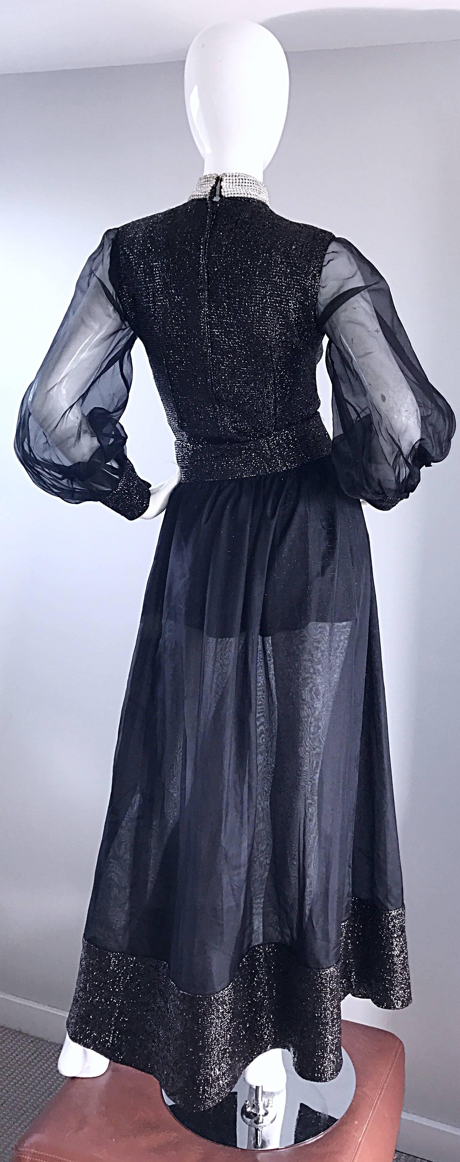 1970s Black Chiffon Lurex Rhinestone Disco Romper and Full Length Ball Skirt For Sale 2