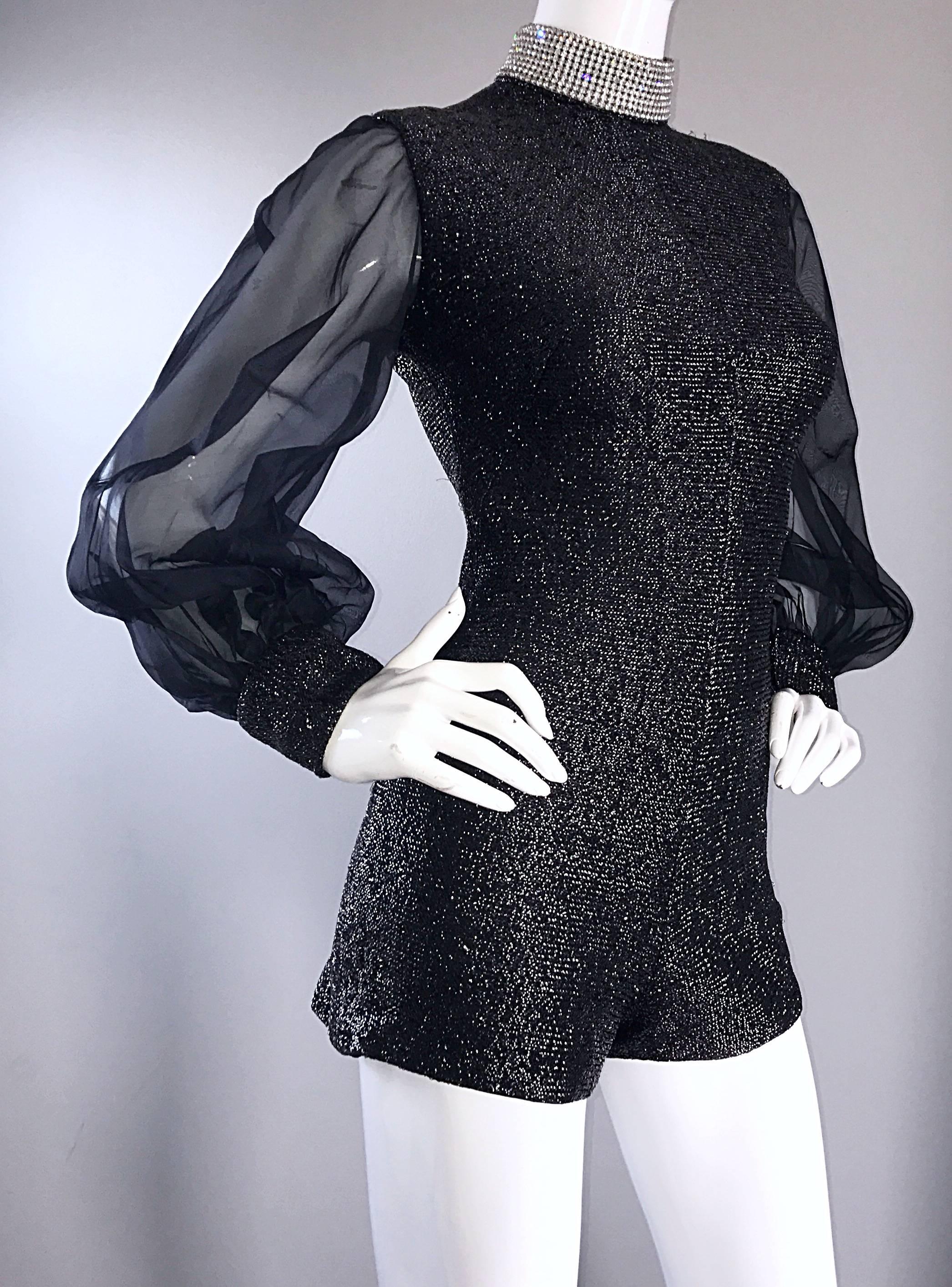 1970s Black Chiffon Lurex Rhinestone Disco Romper and Full Length Ball Skirt For Sale 3