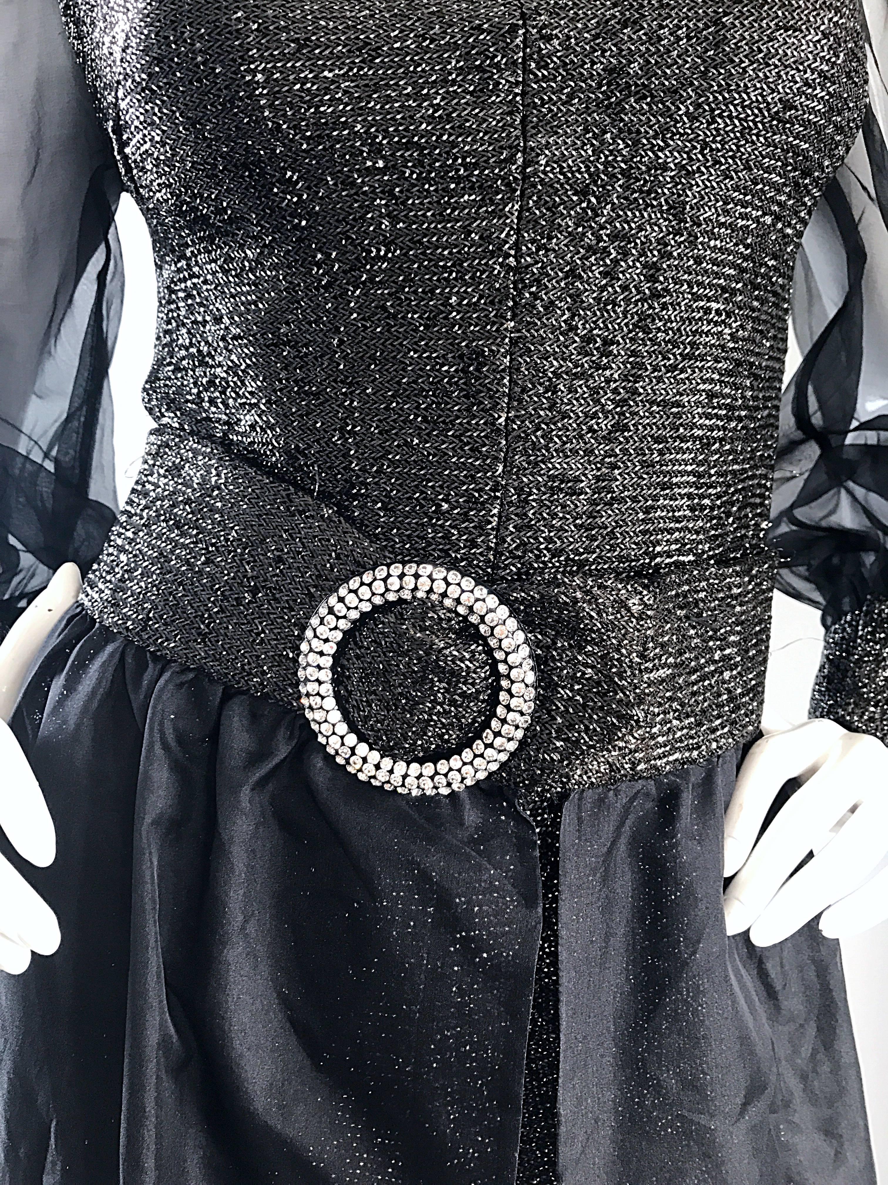 1970s Black Chiffon Lurex Rhinestone Disco Romper and Full Length Ball Skirt For Sale 4