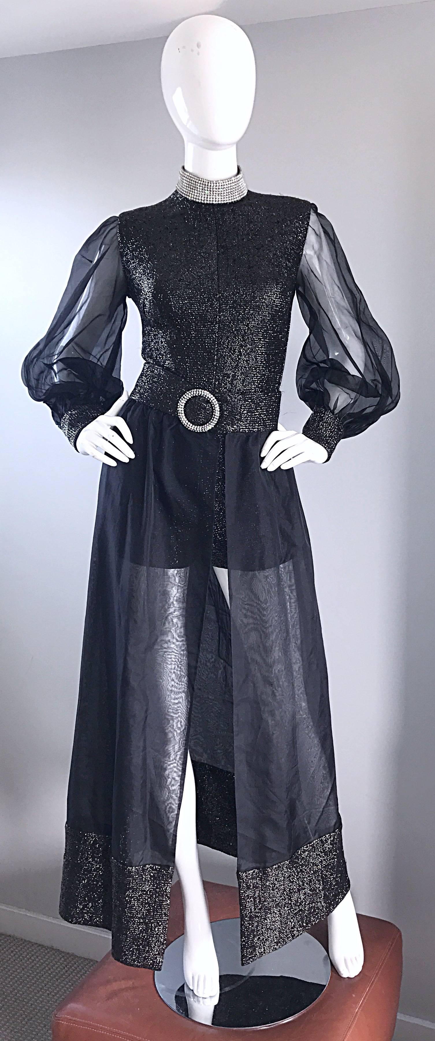 1970s Black Chiffon Lurex Rhinestone Disco Romper and Full Length Ball Skirt For Sale 5