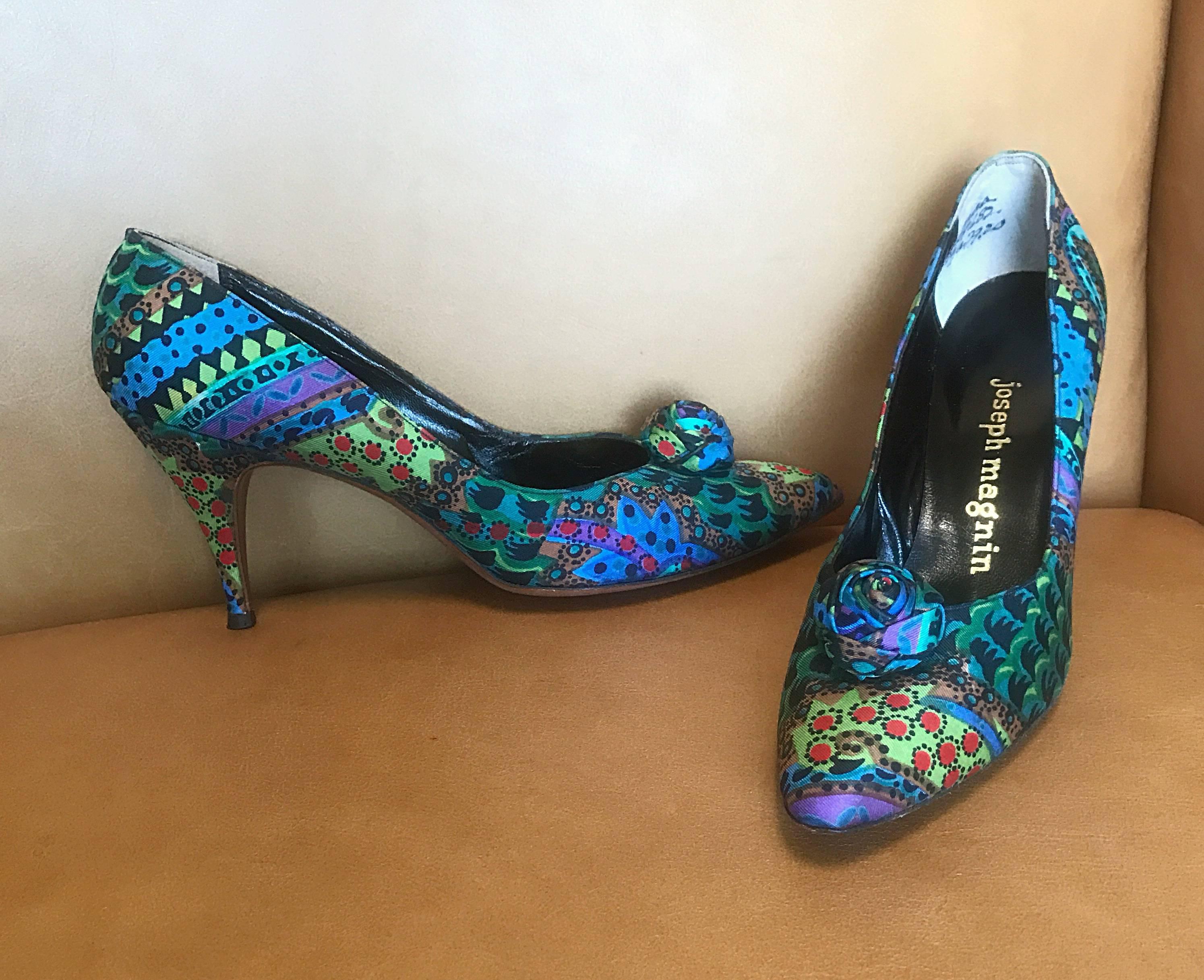 Rare and never worn 50s HERBERT LEVINE colorful silk printed bombshell pumps! Manolo Blahnik is quoted with saying the following regarding Herbert Levine as, 