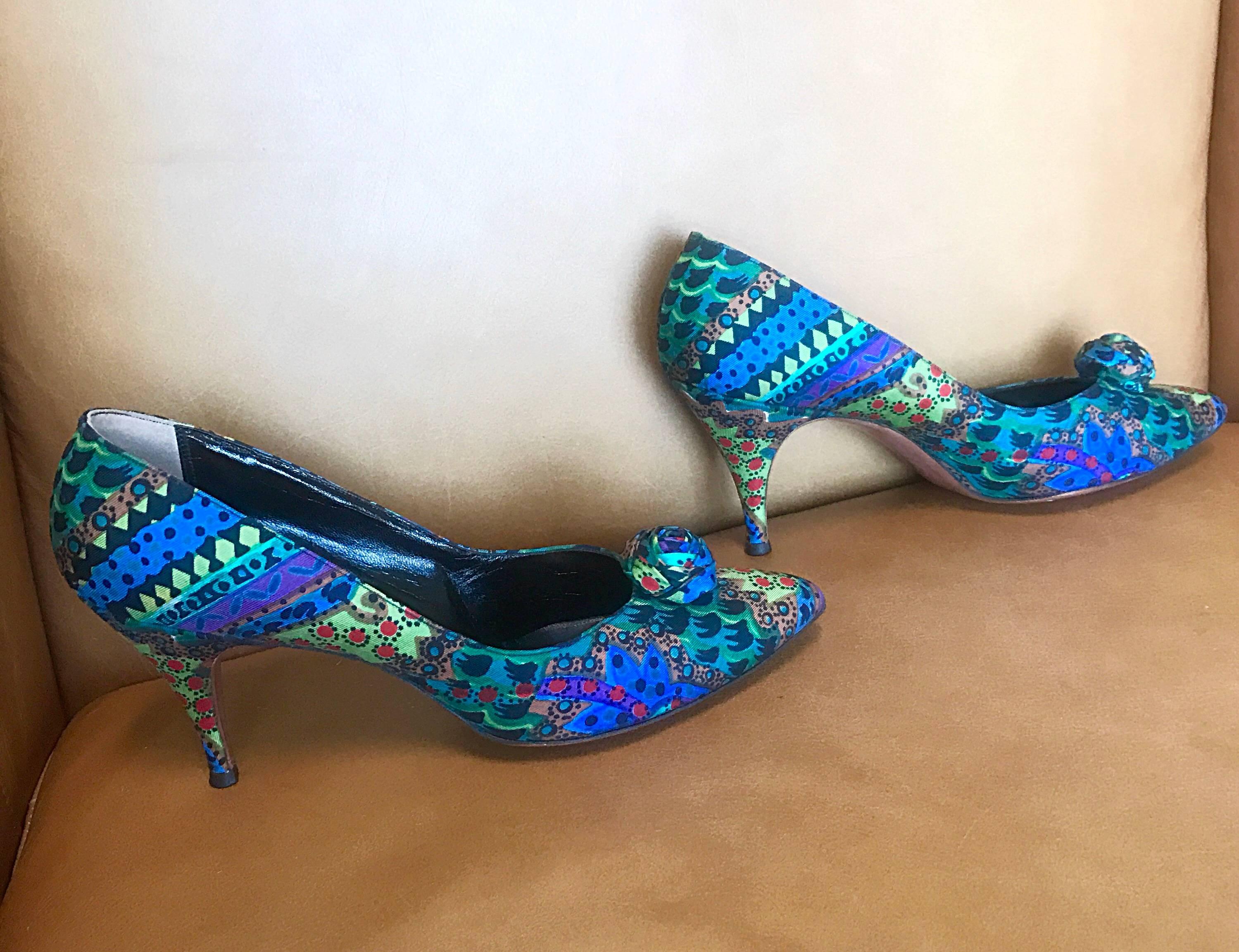 Rare HERBERT LEVINE 1950s Never Worn Size 6.5 / 7 Colorful Silk High Heels Shoes 3